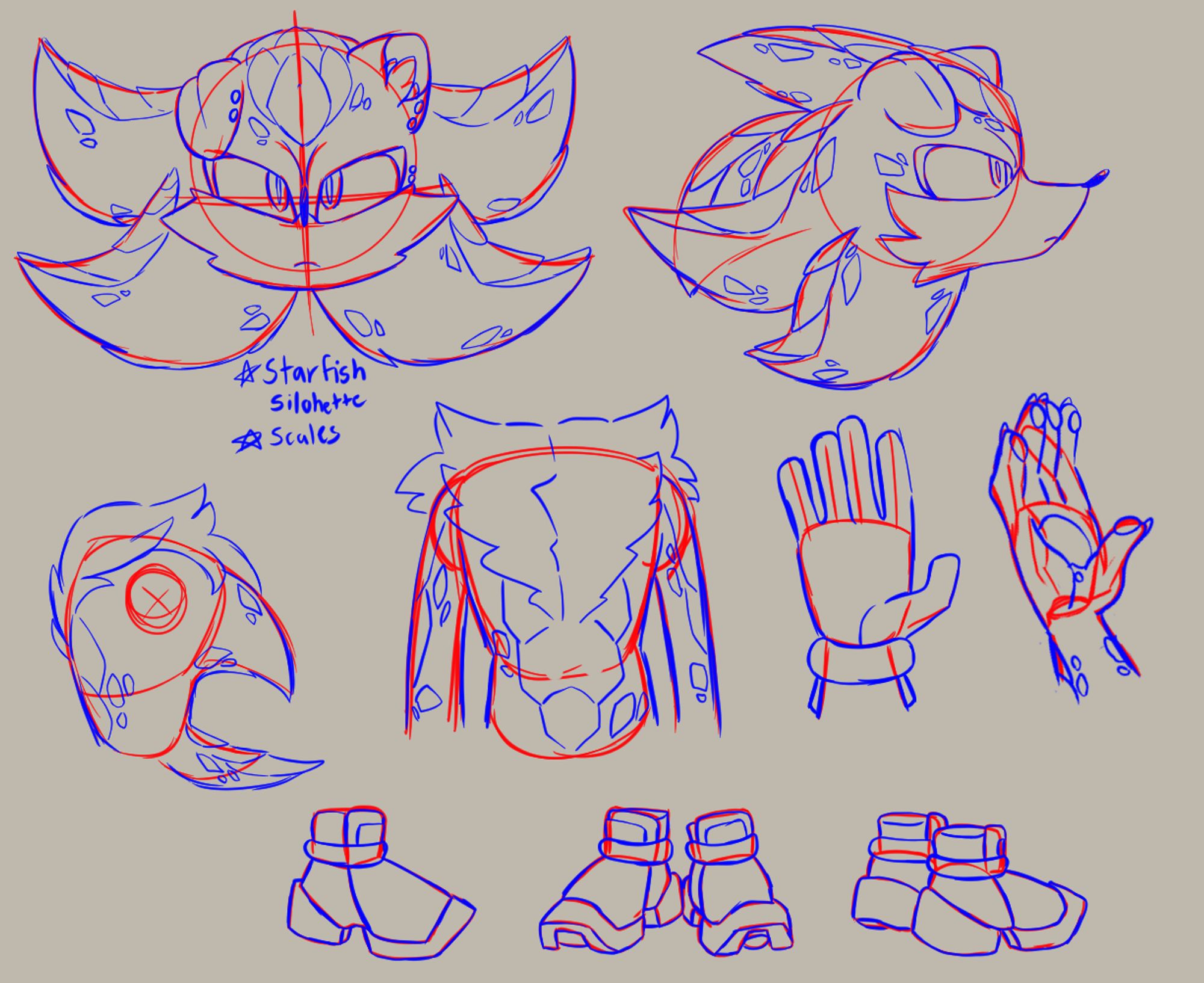 Start ID/ Several digital sketches of Shadow the Hedgehog and a study on how to draw him, in red and blue. The first two sketches, at the top, are of Shadow's head, one facing forward and the other looking to the right. His left ear is flopped over, and the red highlights are now transformed into stylised scales. Under the front facing head are two bullet points saying: "Starfish silhouette" & "Scales". In the middle of the canvas are two sketches of his body, and of his hands. Shadow's chest fur covers more of his chest, and transitions into his back quills, he has scales on his upper-arm and stomach. The sketches of Shadow's hands are of one being gloved and palm facing up, with the second un-gloved tilted to the right and his fingers bent, showing paw-pads. Finally, at the bottom are sketches of his shoes that were traced from his official model /End ID