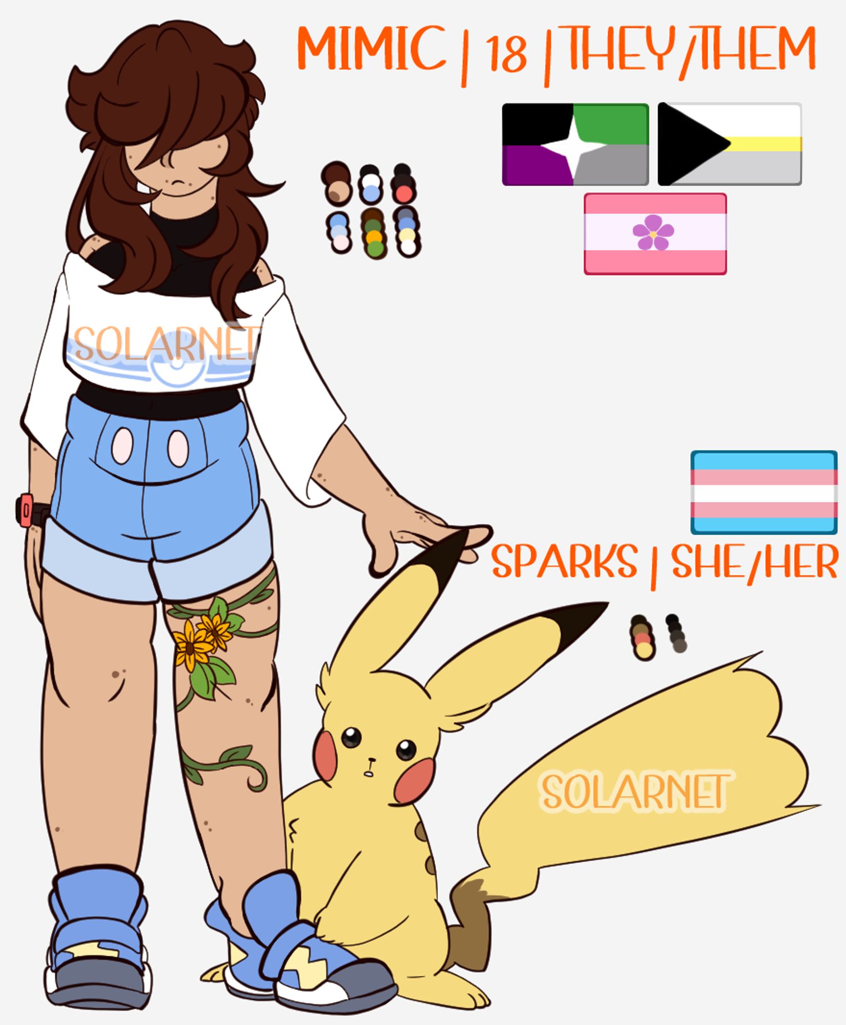 A digital reference sheet of Mimic and their Pikachu, Sparks. Mimic is a chubby short person, with fluffy brown hair that is long in the front and short in the back, with bangs covering their eyes. They're wearing a tight black undershirt, with a white short-sleeve that hangs on their shoulders, with a light blue stripe and pokeball pattern. Their shorts are a muted light blue, with blue and yellow shoes. Mimic has a tattoo of vines and sunflowers on their right upper thigh. Sparks is beside Mimic, looking at the camera with curiosity. Mimic is Aspec, Demiplatonic, and sapphic while Sparks is Transgender (male to female)