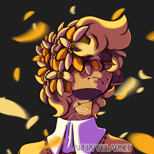 A digital drawing of Lucas from Mother 3, his head is tilted to the right and slightly up. His eyes are closed with the left half of his face covered in sunflowers, he's wearing a white button up under a yellow and red shirt. There are sunflower petals moving around in both in the back and foreground.