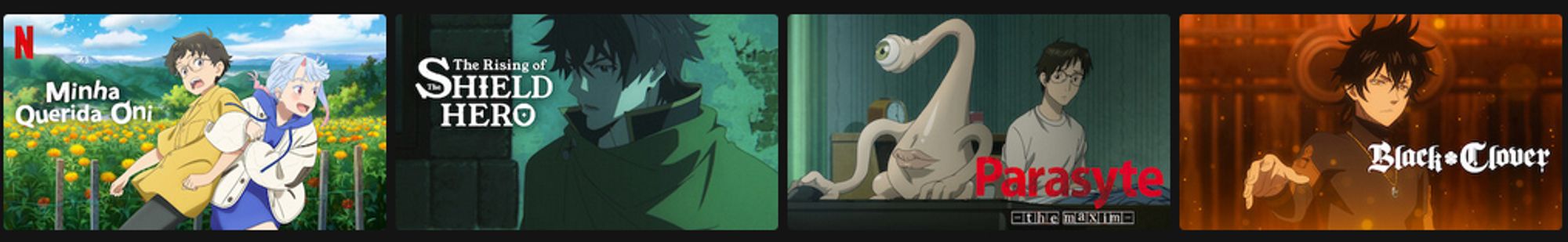 screenshot showing different animation protagonists who have extremely similar character designs. The shows presented are, in order, My Oni Girl, The Rising of Shield Hero, Parasyte and Black Clover