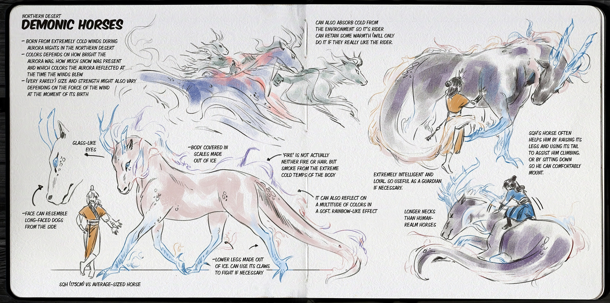 notes on demonic horses:
-born from extremely cold winds during aurora nights in the northern desert.
-colors depends on how bright the aurora was, how much snow was present and which colors he aurora reflected at the time the winds blew.
-(very rarely) size and strength might also vary depending on the force of the wind at the moment of its birth.
-their faces can resemble long-faced dogs from the side, with glass-like eyes and necks longer than human-realm horses.
-their body is covered in scales made out of ice, and the apparent fire that stand in place of its hair is neither fire nor hair, but smoke from the extremely cold temperatures of the body. The smoke can also reflect on a multitude of colors in a soft, rainbow-like effect.
-It's lower legs are made out of ice with ice claws instead of hooves. It can use these claws to fight if necessary.
-they can absorb cold from the environment so its rider can retain some warmth (but will only do it if they really like the rider)
-Due to its size, Shang Qinghua's horse often helps him by raising its legs and using its tail to assist him climbing, or by sitting so qinghua can mount comfortably.
-shang qinghua, who is 175cm, is only tall enough that the top of his head reaches a standing, average-sized horse's shoulder