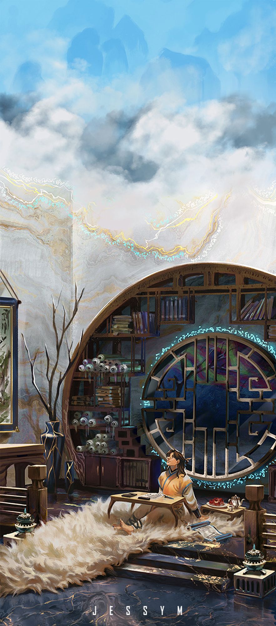 shang qinghua, sitting comfortably on a soft white fur rug in his northern fortress office, looking up.  The walls are framed by a spell that turns the ceiling into an open view of An Ding Peak's bright sky, illuminating the room and turning it into a faux solarium.