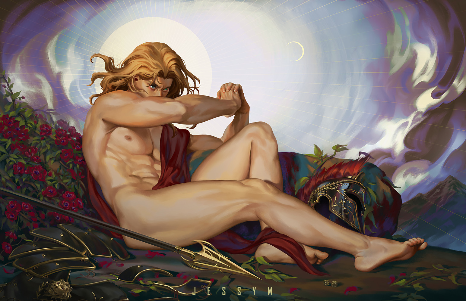 Illustration of Achilles after Cabanael's The Fallen Angel. Throughout are scattered various symbols of his journey that serves as foreshadow for his fated death, while achilles himself is stripped off his armor as a showcase of his vulnerability