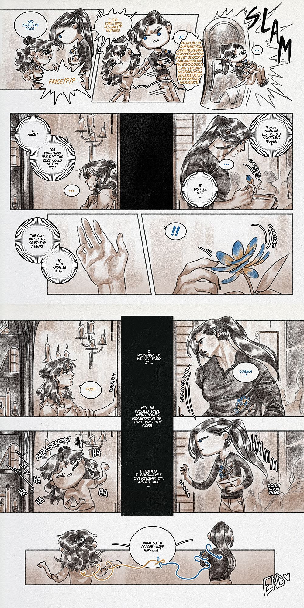 Moshang Magic shop AU. Pages 5 and 6: Mobei asks what the price was for telling him how to fix his problem, and Shang Qinghua hastily kicks him out of the store, telling him something so small demands no price. In truth, fixing one's lonely heart would cost another heart. Mobei thinks of how it hurt when qinghua closed the magical connection between them, and if something happened, when suddenly his potted flower blooms to his touch. Started, Mobei holds the door handle thinking of coming back inside, unaware that Qinghua is touching the other side of the door, thinking about him, and both dismiss their feelings since they had no concrete proof their feelings were reciprocated. The last panel has their heartstrings tied in a knot, an indication that their hearts are now connected.