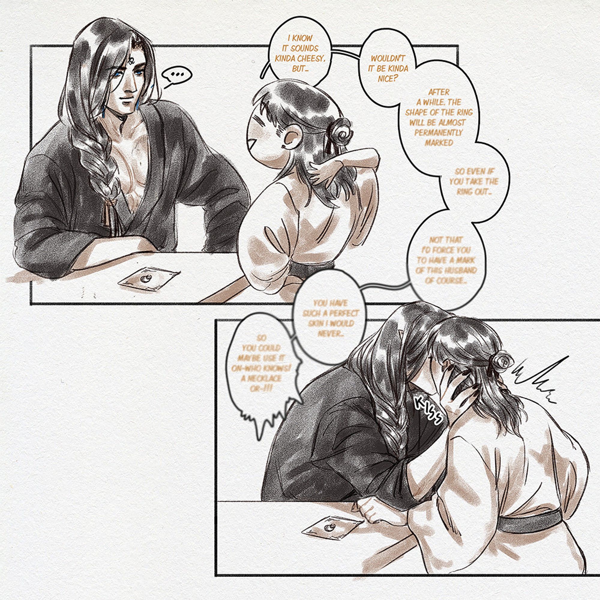 Moshang comic about wedding rings, with left to right reading. Page 3: shang qinghua rambles, as he usually does when nervous, and mobei jun, finding him adorable, stops payign attention to his words to kiss him.