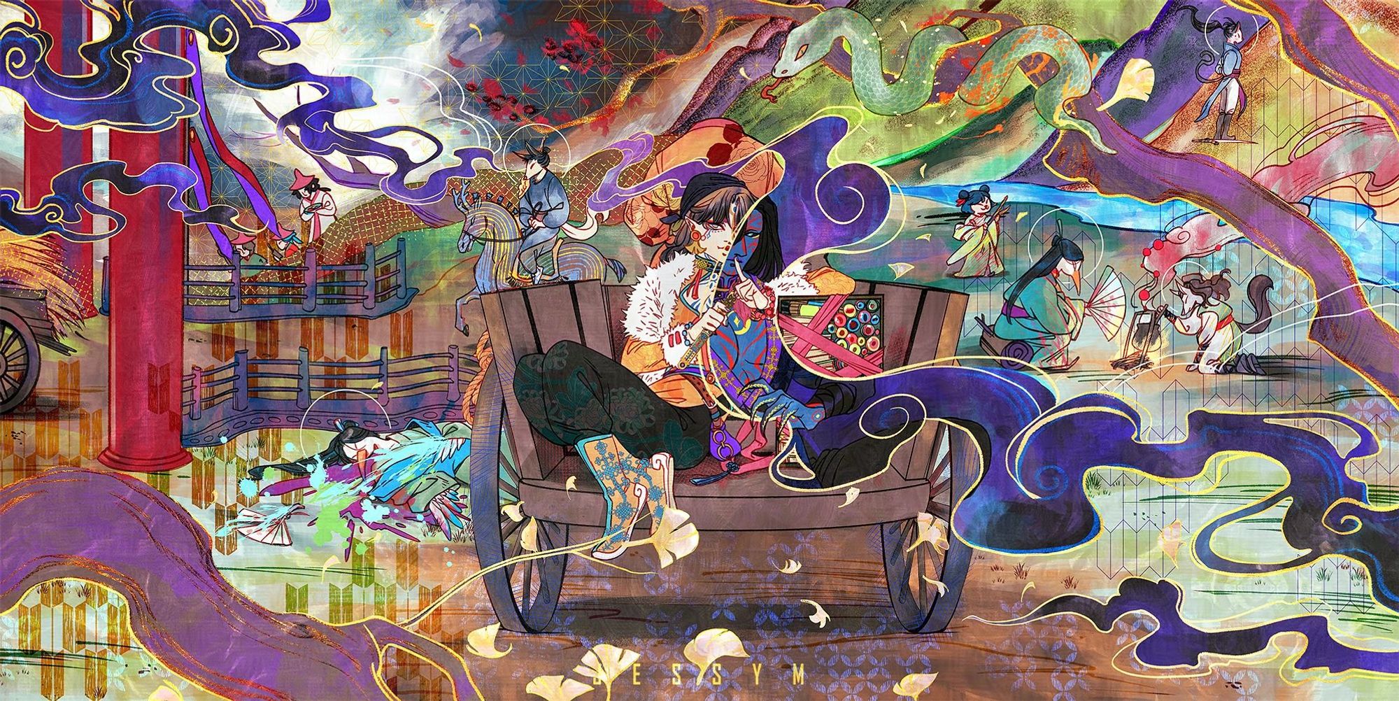 art depicting Shang Qinghua and Mobei Jun as though they were kusuriuri and his sword, from the anime MONONOKE, with vibrant colors and patterns. Various characters from scum villain's books appear in the background as mononokes, showcasing the murder-mystery case Shang Qinghua is about to tell/solve