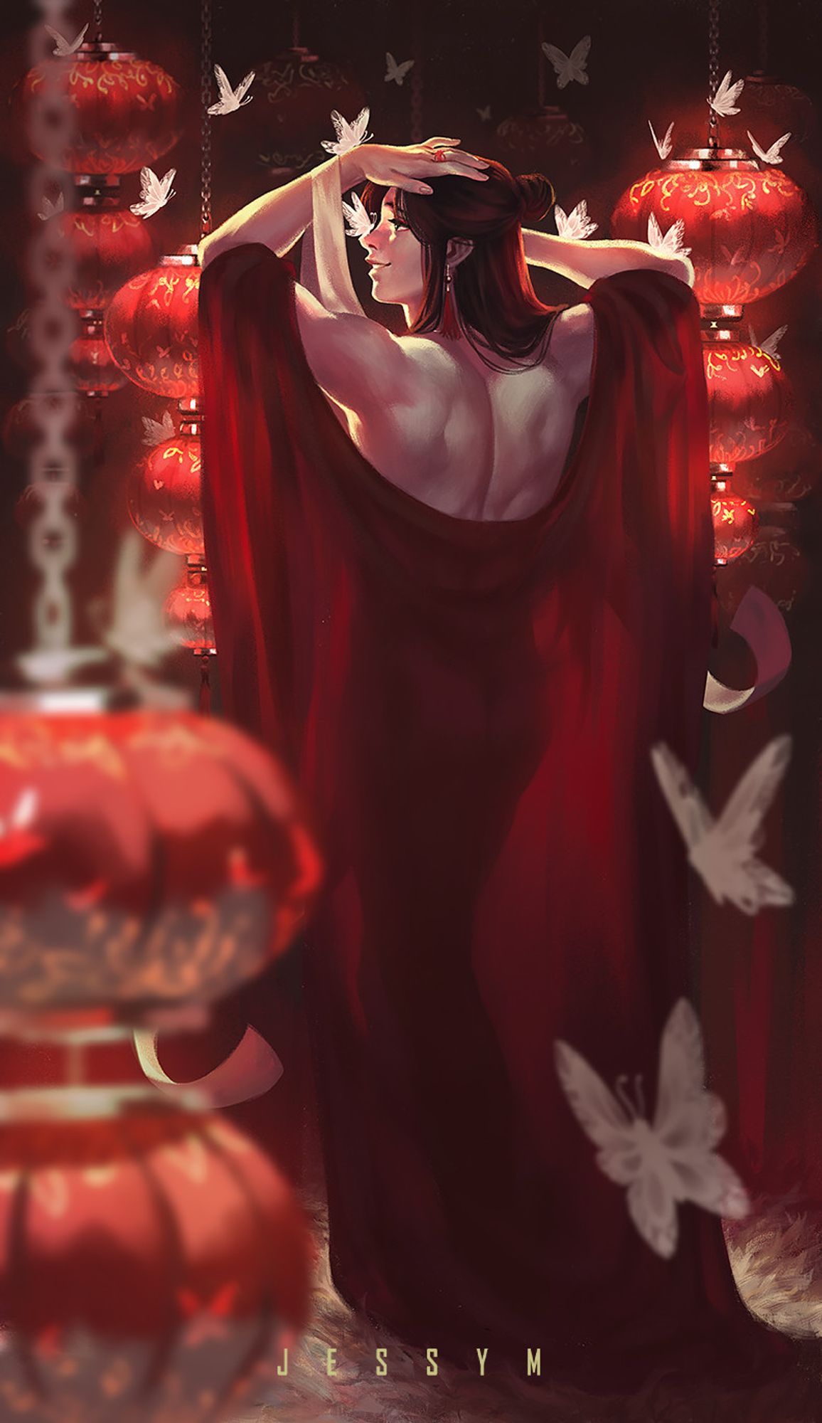 Xie Lian, standing on a white fur rug and wearing a translucid red robe, smiles as one of Hua Cheng's butterflies gently land on his nose. Various butterflies and red paper lanterns fill this changing room.