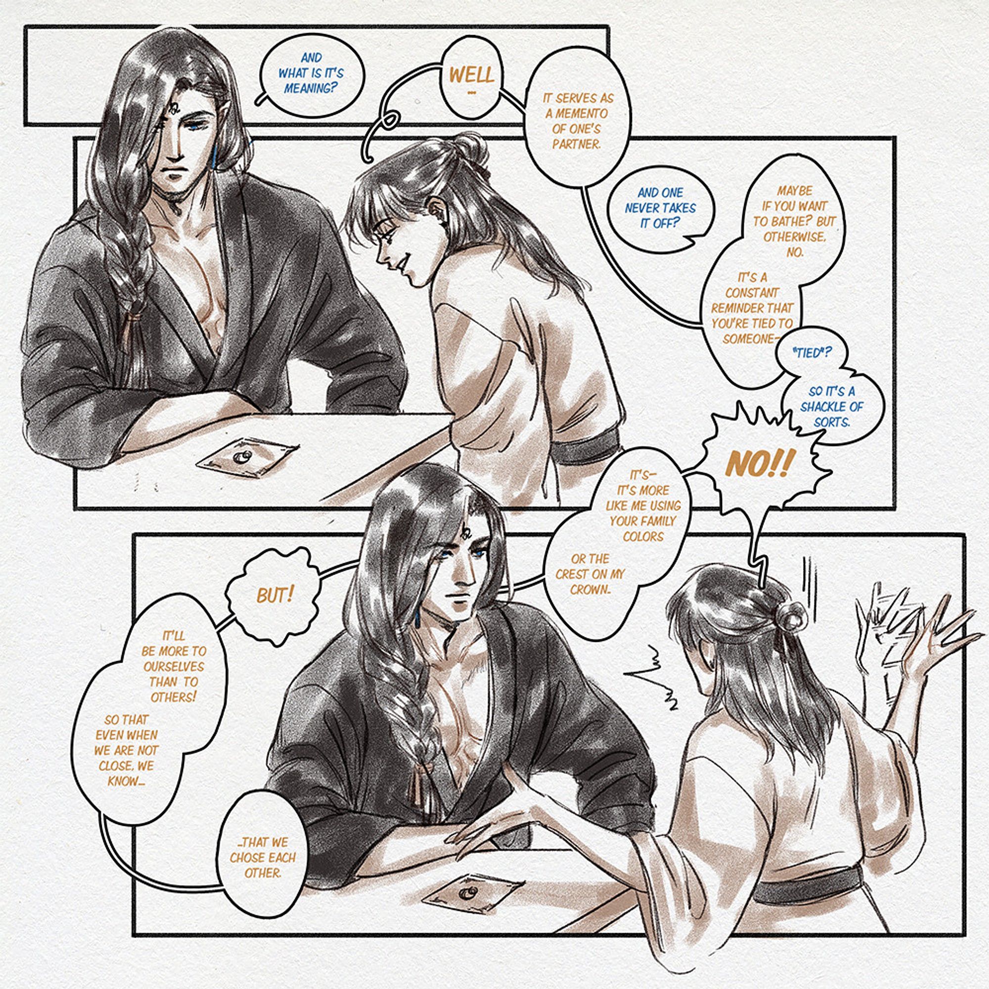 Moshang comic about wedding rings, with left to right reading. Page 2: mobei jun questions shang qinghua about rings usage and qinghua struggles to explain they are not any kind of shackle.