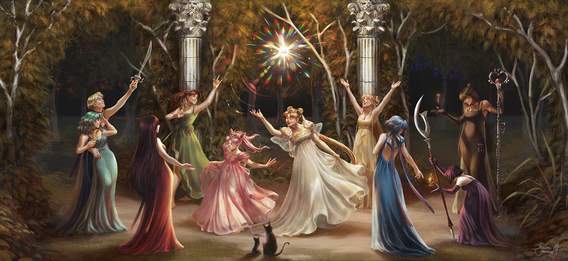 illustration depicting all inner and outer sailors in their planetary princess attires on a witch coven gathering, celebrating the sylver crystal in a magic circle formation. Luna and Diana are also present.