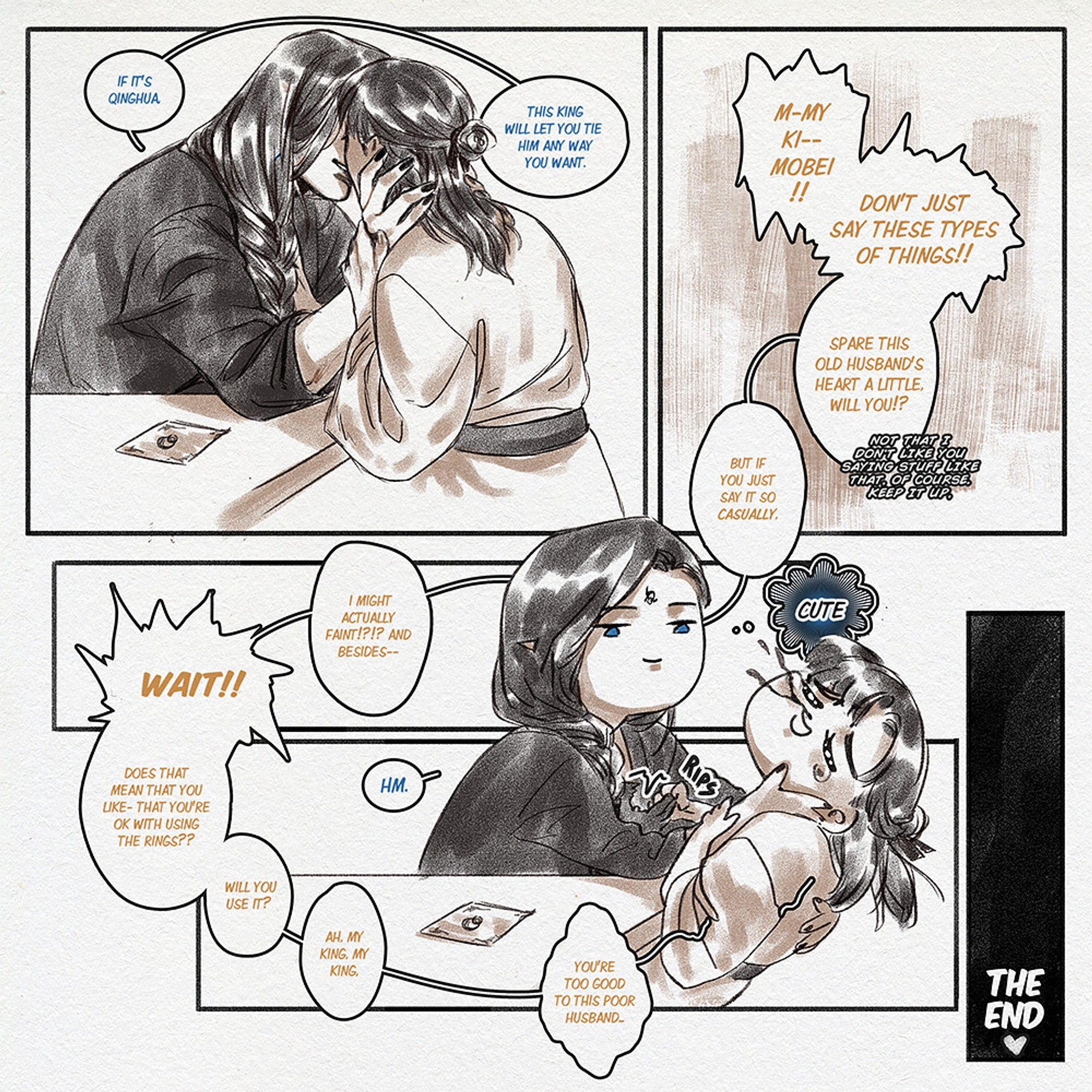 Moshang comic about wedding rings, with left to right reading. Page 4: mobei jun does a play on words with "tied up", and shang qinghua has a nosebleed, rendered shy by his words.