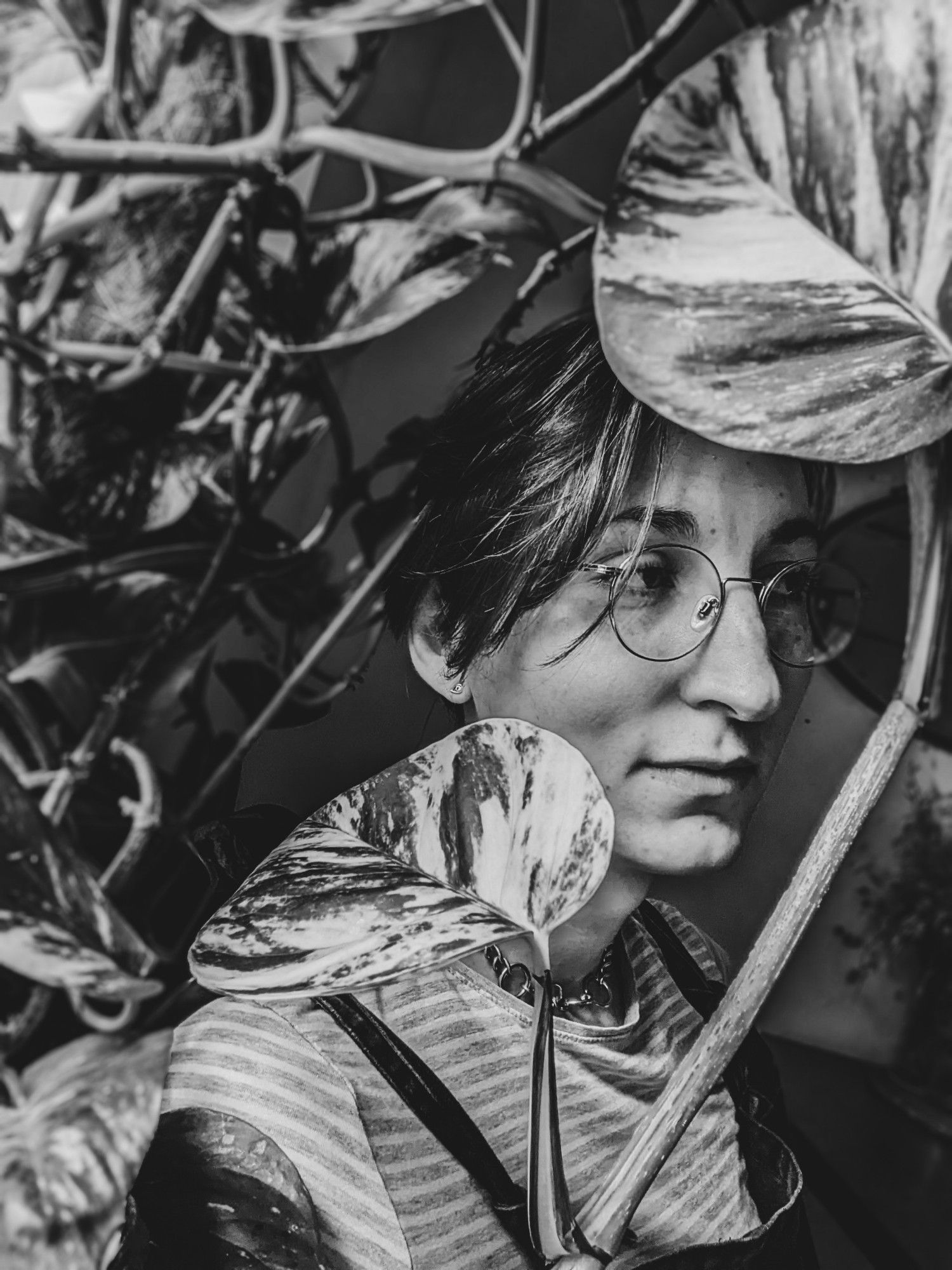 V behind some plants, shot in artsy black and white looking off to the side. contemplative. quiet.