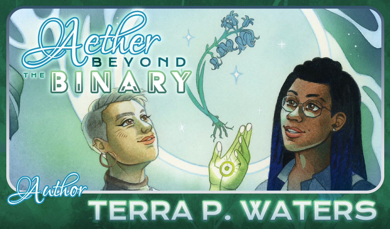 A banner showing part of the cover of Aether Beyond the Binary. It includes text with the title of the book, and the word "author" and the name Terra P. Waters.