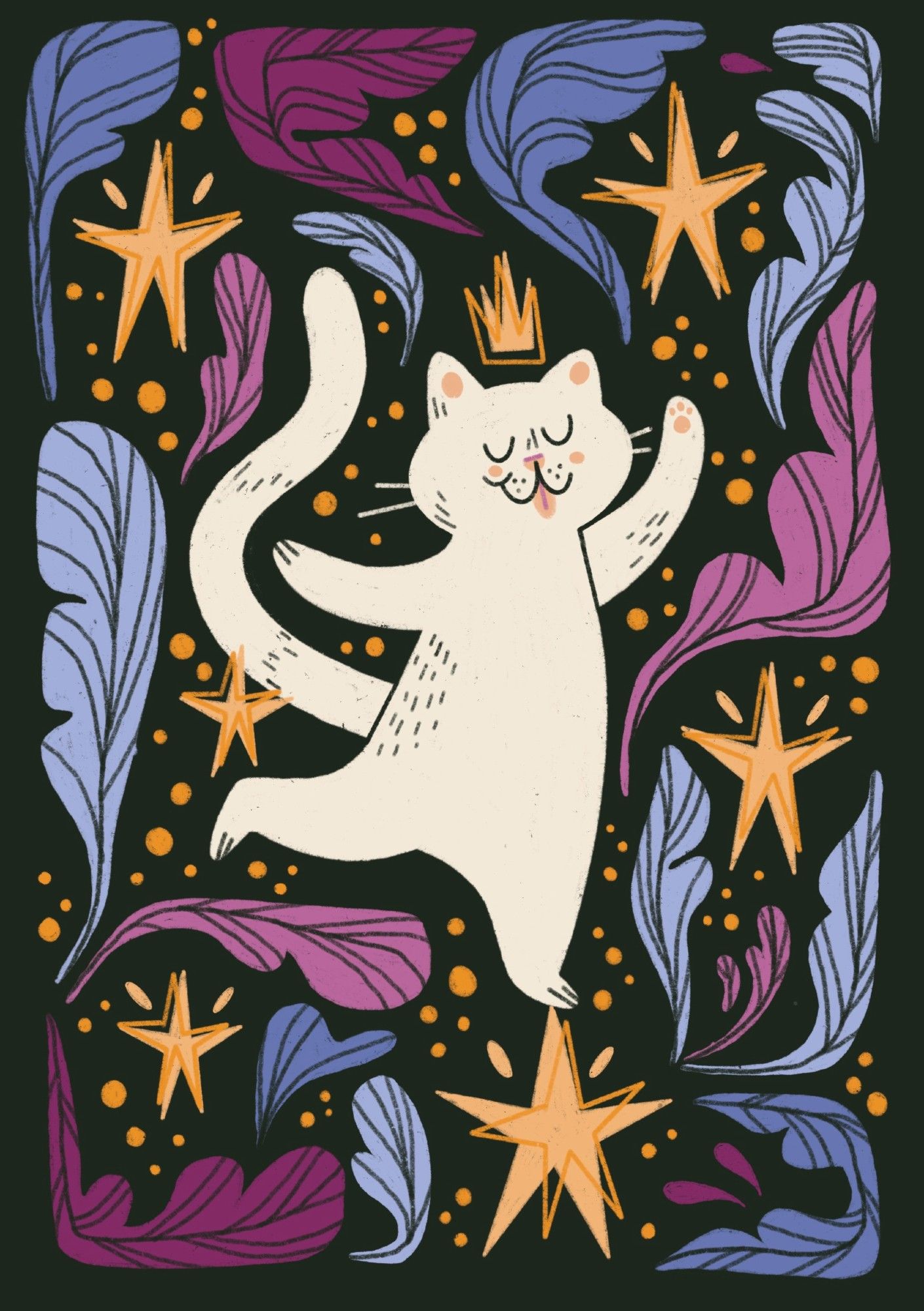 Illustration un chat blanc couronné danse au milieu des feuilles et des étoiles.