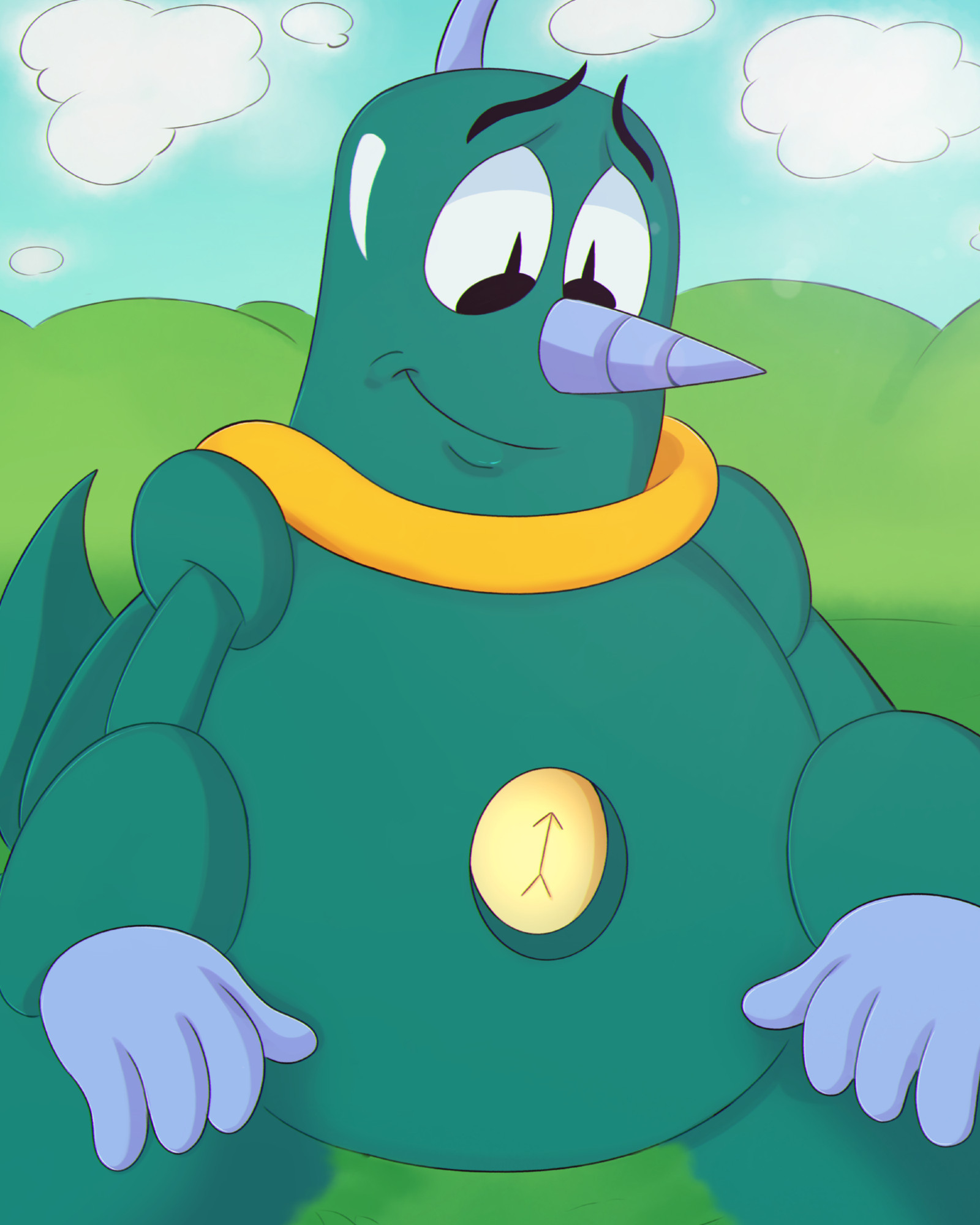 A drawing of Grounder from Adventures of Sonic the Hedgehog sitting down on a green field with bushes in the background and a blue sky accompanied with white clouds. 