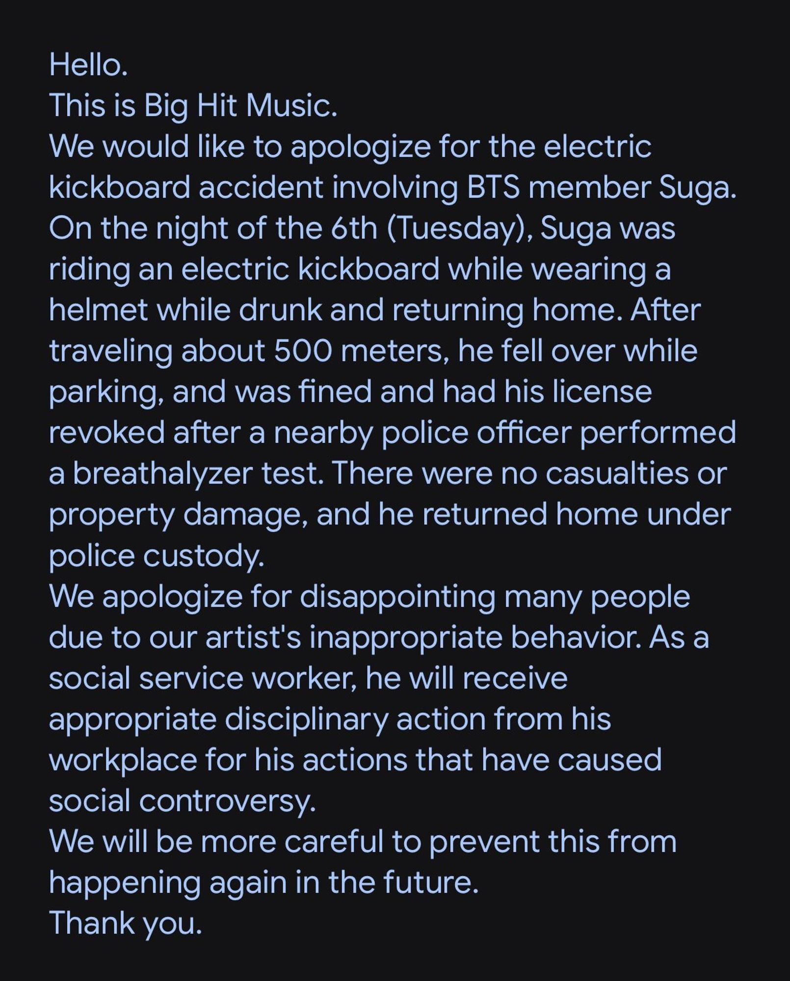 BigHit announcement about BTS Suga's "accident," a.k.a Yoongi tipping over after 500m. (Google Translate)