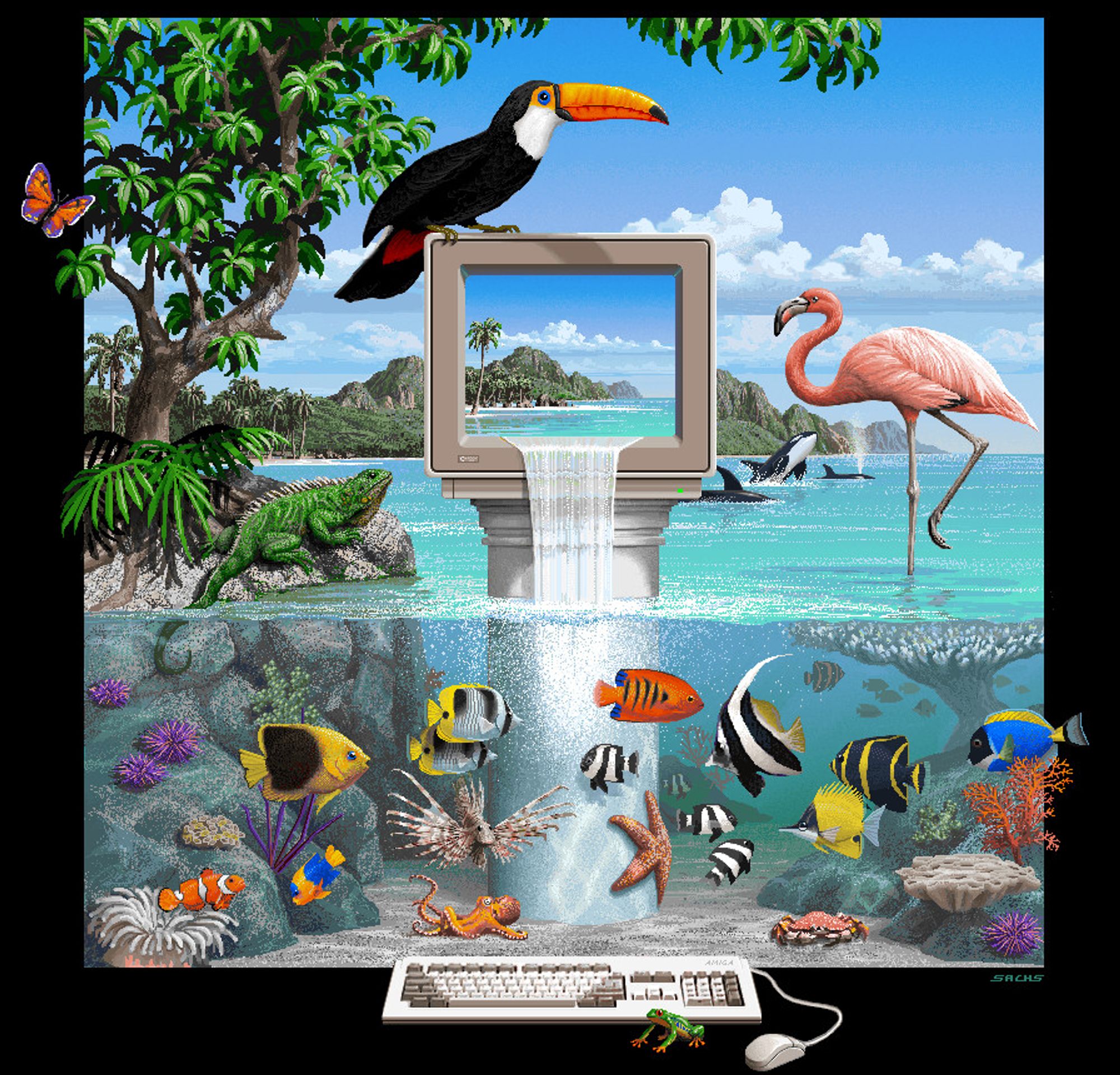 The Amiga Lagoon by famous Amiga illustrator Jim Sachs, it's a splendid pixel art lagoon with a monitor and a commodore amiga in a beautiful lagoon with colourful exotic fishes, a toucan, a pink flamingo, etc