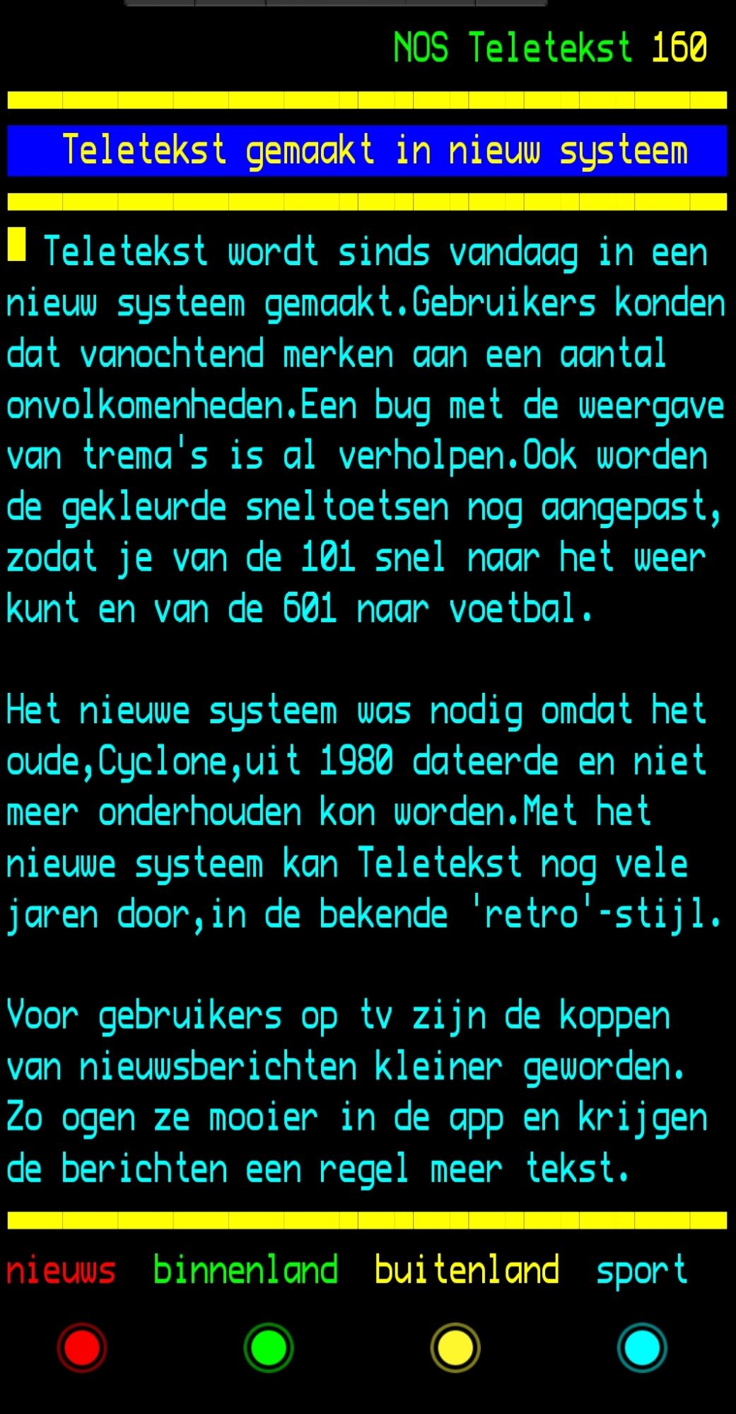 Teletekst pagina screen shot, de retrostijl gaat nog jaren mee!