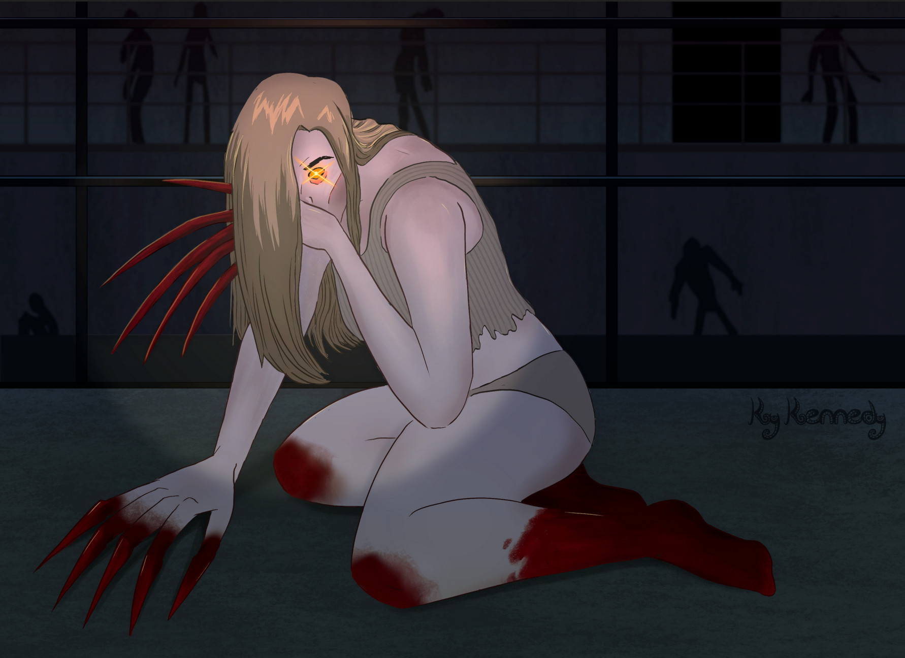 A colored illustration of The Witch from L4D. She sits on a concrete floor, looking angrily up at the viewer as a flashlight beam shines on her. Her eye glows orange from the light. Silhouetted zombies lurk in the background. 