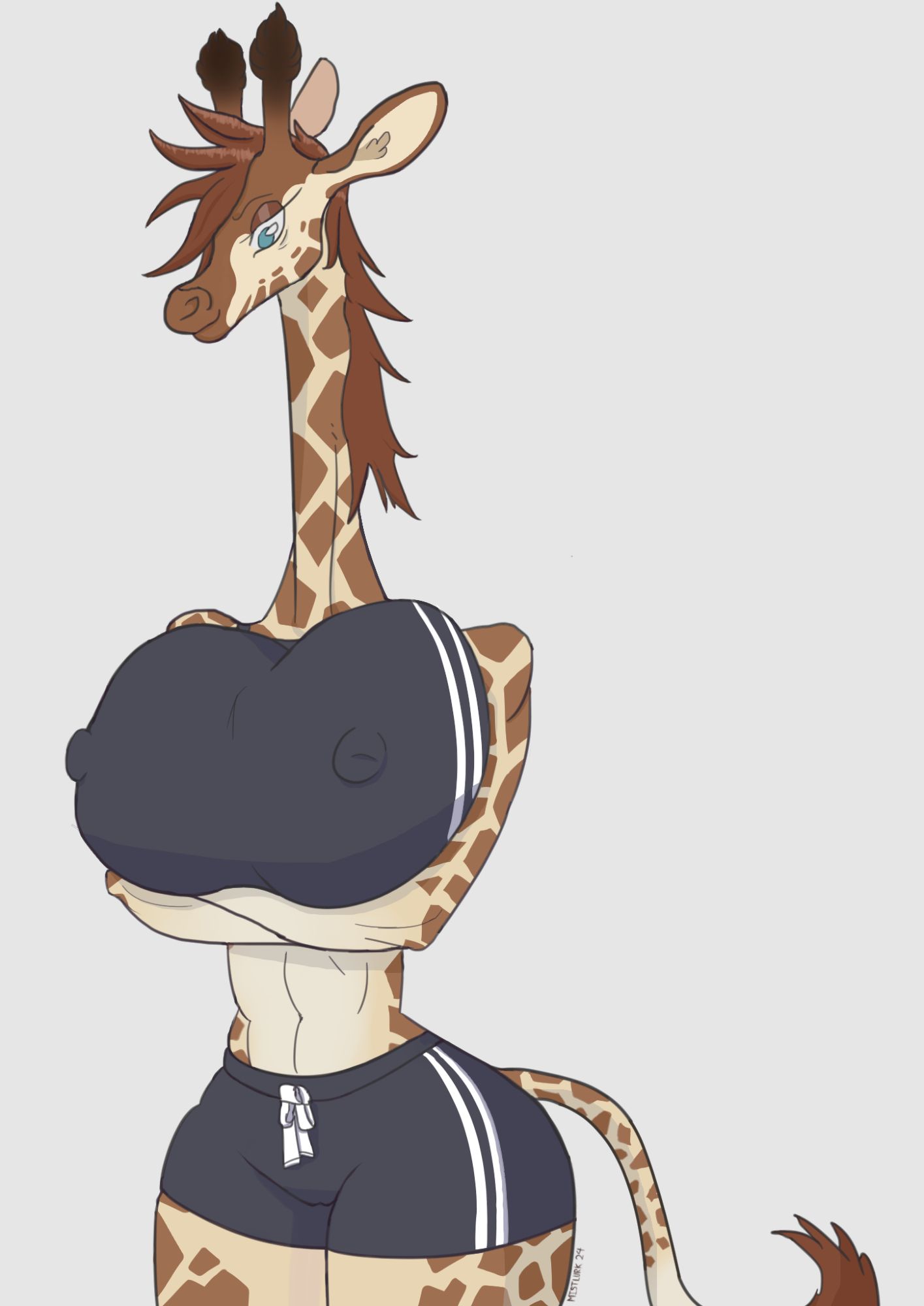 A tall giraffe lady wearing athletic clothes crossing her arms.