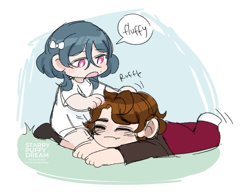 Natasha and Gallagher from honkai star rail as kids. Natasha is ruffling his hair and saying "fluffy" while he is lying on his stomach