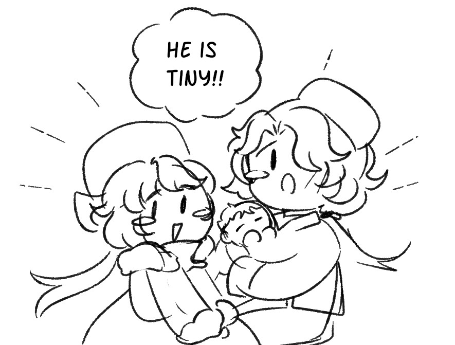 Chibi versions of Hook and Misha looking at the camera and shouting "he is tiny!" while Misha is still holding the baby