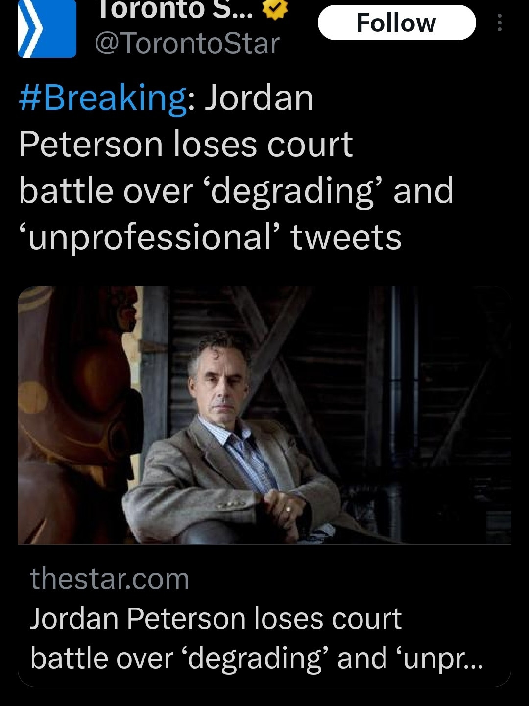 Image of a tweet by the Toronto Sun reporting on Jordan Peterson losing his court battle over losing his license for being unprofessional 