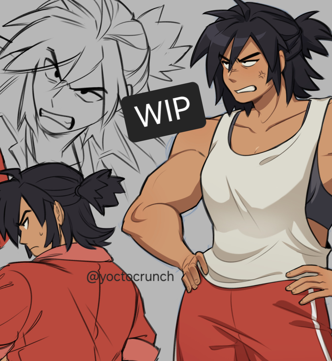 A work-in-progress shot of a sketchpage featuring Rhea (she/her)