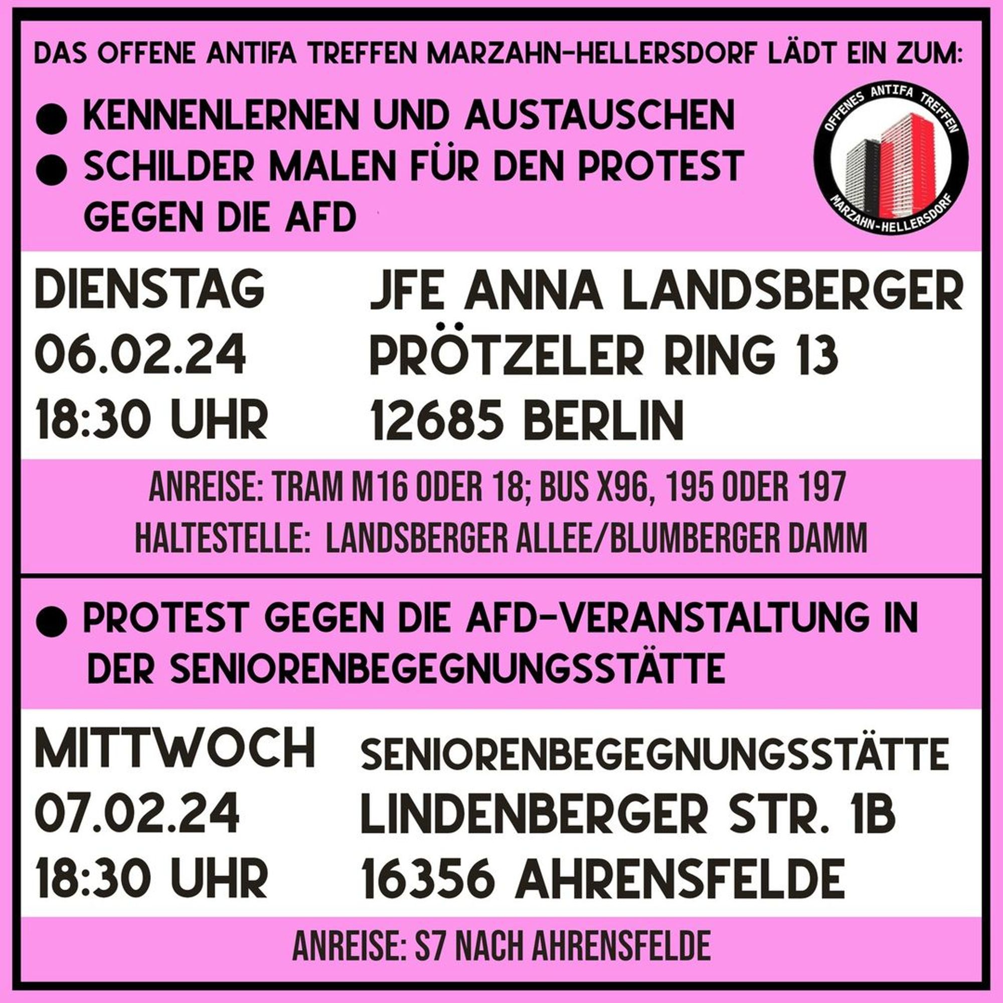 THE OPEN ANTIFA MEETING MARZAHN-HELLERSDORF INVITES YOU TO THE:

✦ Get to know each other and exchange
✦ Paint signs for the protest against the AfD on 07.02.24