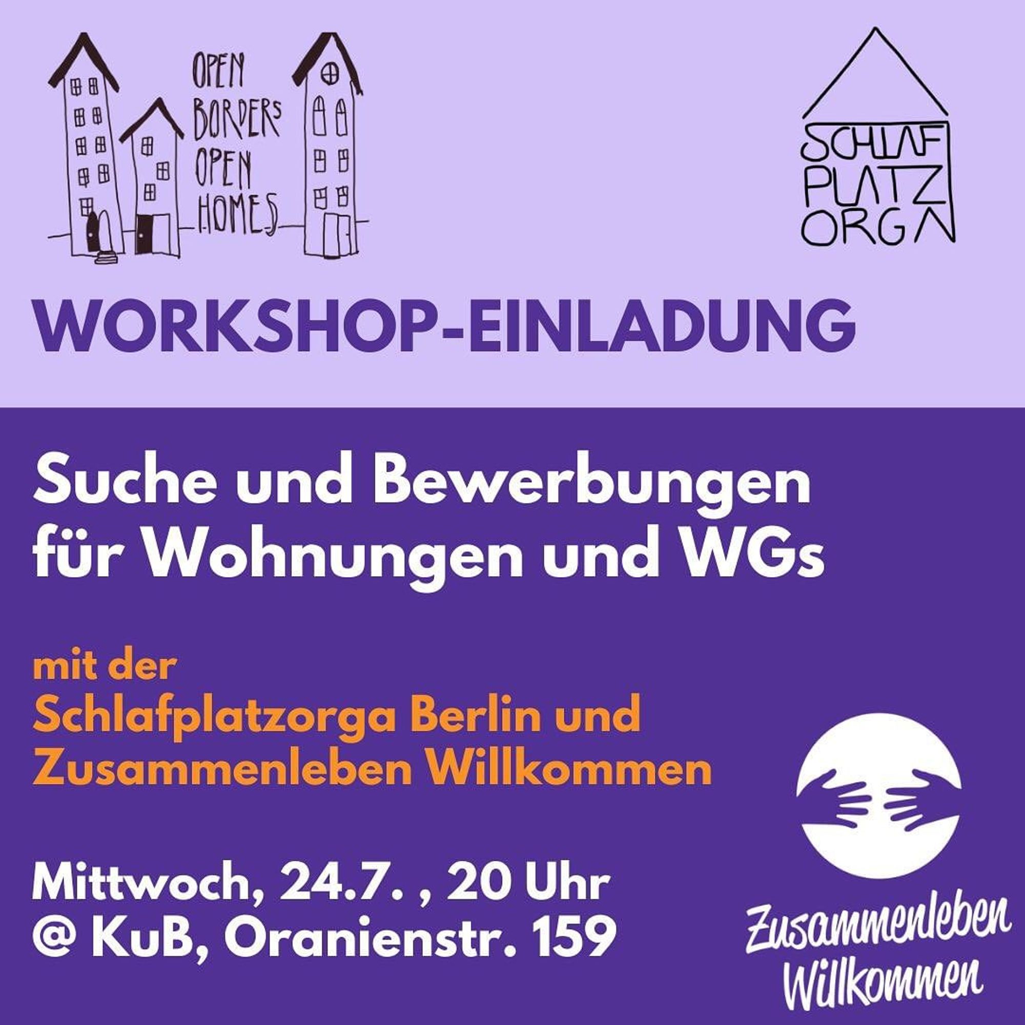 💥Ankündigung! Mittwoch 24.07.2024💥

✊🏾 Offene Wohnraumberatung für geflüchtete Menschen in Berlin ✊🏾

Mittwoch, 24.07.2024 | 20:00 Uhr | KuB Oranienstraße 159 10969 Berlin

Anreise: U8, Bus 248 Moritzplatz | M29 Oranienplatz | U1, U3, U8 Kottbusser Tor | Bus 140 Segitzdamm

📣 Aufruf: https://asanb.noblogs.org/?p=8215 - @schlafplatzorga

#b2407 #schlafplatzorga

🏠 Die offene Sprechstunde von Schlafplatzorga Berlin und Zusammenleben Willkommen findet wieder am Mittwoch, den 25. Juli, 20 Uhr statt.

ℹ️ Wir beraten euch, wie ihr passende Angebote für Wohnungen und Wohngemeinschaften findet, informieren über die Möglichkeiten der Kostenübernahme und helfen beim Schreiben von Anträgen.

🗣 Der Workshop findet auf Deutsch und Englisch statt, eine Übersetzung in Französisch und Farsi ist möglich.

📍 Kontakt- und Beratungsstelle für Flüchtlinge und Migrant_innen e.V., Oranienstr. 159, 10969 Berlin

Bei weiteren Fragen könnt ihr euch gerne mit uns in Verbindung setzen! 💜