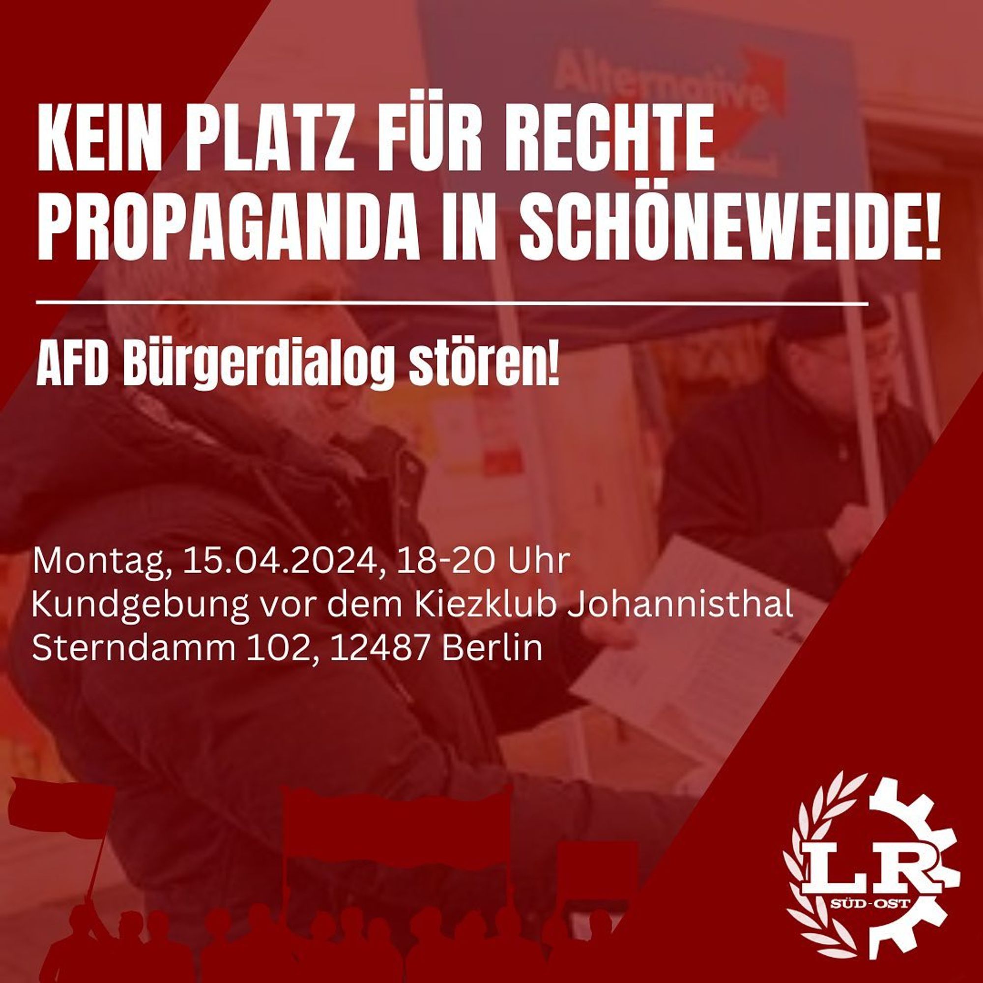 💥Announcement! Monday 15.04.2024💥

🔥No place for right-wing propaganda in Schöneweide!🔥

Monday, 15.04.2024 | 06:00 pm | Sterndamm 102 12487 Berlin

Arrival: Tram 60, Bus 60, 160, M11 Johannisthal Kirche | Bus 163 Mühlbergstraße

📣 Call: https://asanb.noblogs.org/?p=7381 - @larage_sectionsued

#b1504 #noNazis #noAfD

There is no quiet neighbourhood!

Come all to Johannisthal on Monday to spoil the fascists' "civil dialogue" 💥👊