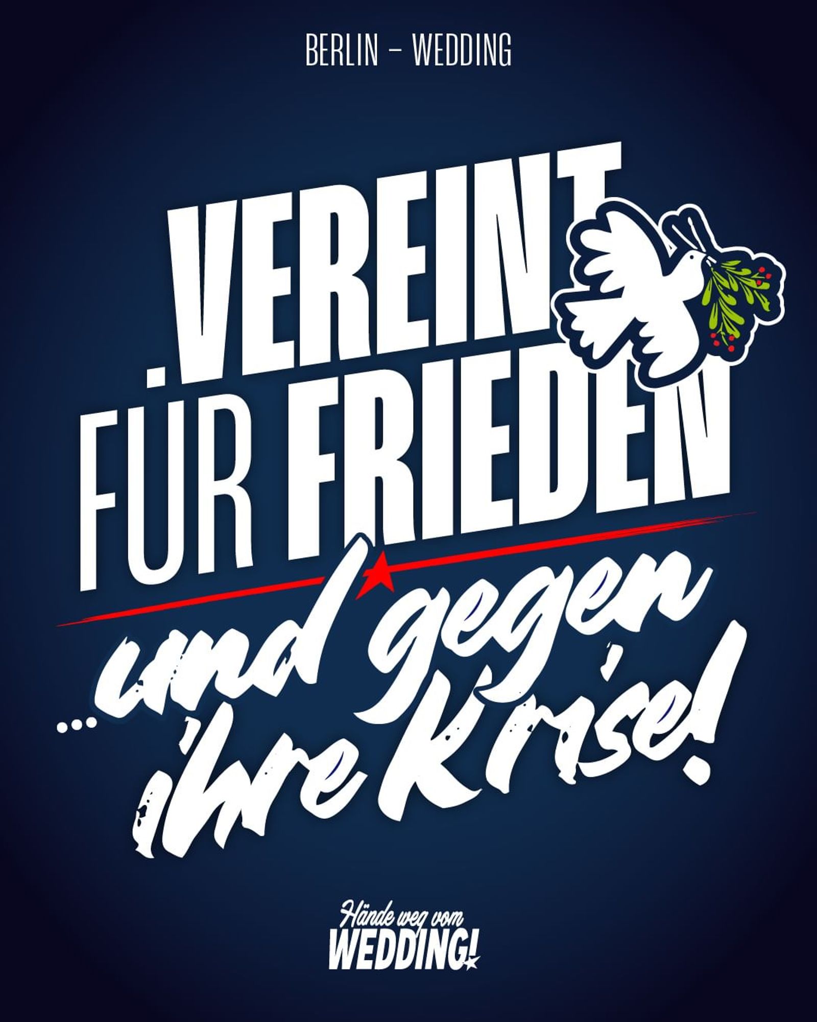 💥Ankündigung! Donnerstag 03.10.2024💥

🔥Vereint für Frieden und gegen ihre Krise!🔥

Donnerstag, 03.10.2024 | 12:30 Uhr | Spenerstraße/Alt-Moabit 10551 Berlin

⚠️ Ihr findet uns am Banner „Vereint für Frieden und gegen ihre Krise!“

Anreise: Bus 187, 245 Spenerstraße | M10 Alt-Moabit/Rathenower Straße | U9, Bus 101, 123, M27 U-Bhf Turmstraße

📣 Aufruf: https://asanb.noblogs.org/?p=8773

#b0310 #StopTheWar

🗺 Voraussichtliche Route:

• Rathenower Straße/Alt-Moabit (AK)
• Rathenower Straße
• Turmstraße
• Stromstraße
• Lessingstraße
• Altonaer Straße
• Großer Stern (Siegessäule)