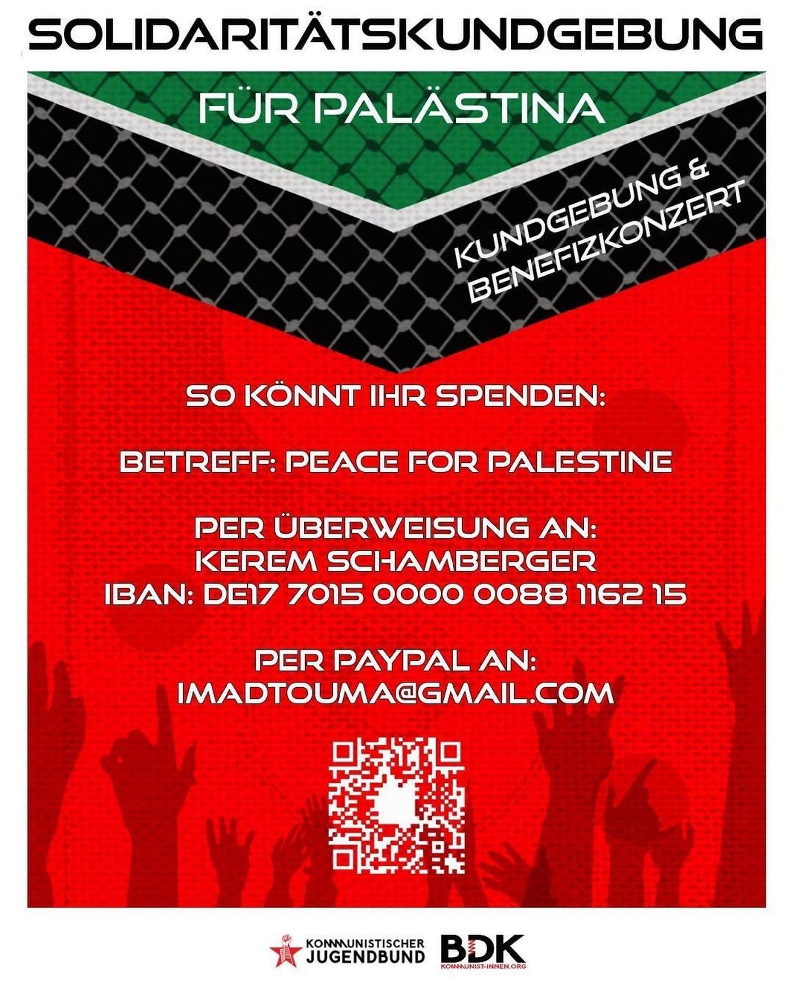 With no stone left unturned in Gaza, over 40,000 murdered and hundreds of thousands displaced, the largest military operation in the West Bank in over 20 years is about to begin!

At the international level, there is still talk of unconditional solidarity and self-defence, while here in Germany even the demand for a just peace is punished with brutal violence as incitement to hatred.

For this reason, we are collecting donations on 13 September during the rally and online.

All online donations will go to the PPP, the Palestinian Peoples Party, and the profits we make on site will go towards local anti-repression work on the issue of Palestine🍉.

Against police violence, genocide and apartheid!
Berlin stands for Palestine - freedom for all oppressed people 🇵🇸