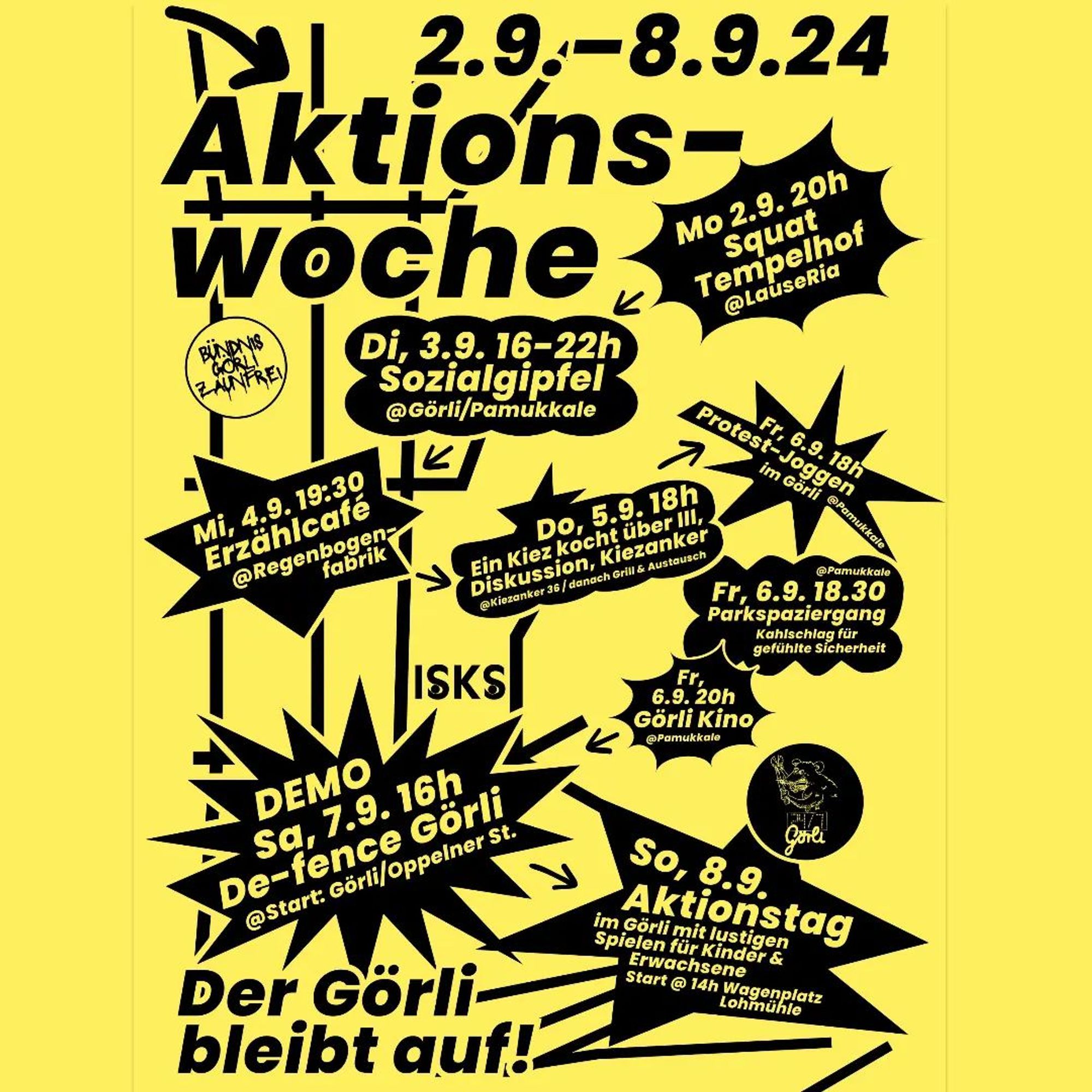 💥Announcement! Monday 02.09.2024 - Sunday 08.09.2024💥

🔥Week of action - The Görli stays open!🔥

📣 Call: https://goerli247.noblogs.org/post/2024/07/30/veranstaltung-montag-02-09-24-15-jahre-squat-tempelhof-6-000-menschen-gegen-einen-zaun/

#b0209 #b0309 #b0409 #b0509 #b0609 #b0709 #b0809 #GörliZaunfrei