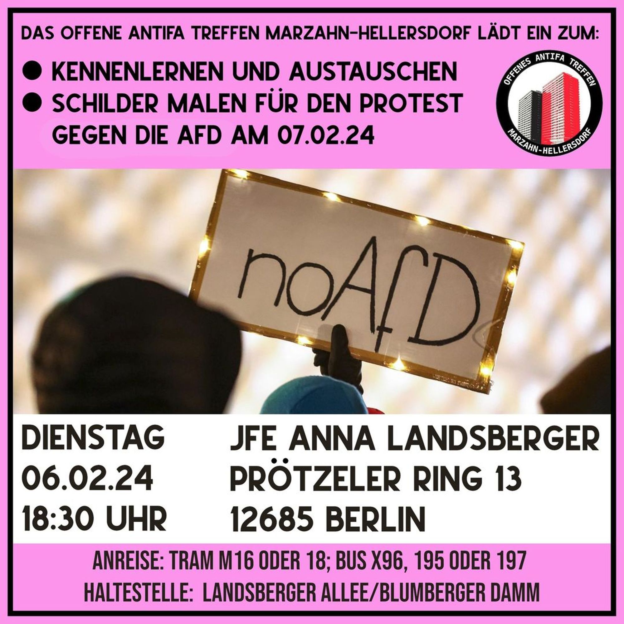 💥Announcement! Tuesday 06.02.2024💥

🔥THE OPEN ANTIFA MEETING MARZAHN-HELLERSDORF INVITES YOU🔥

Tuesday, 06.02.2024 | 06:00 pm | JFE Anna Landsberger, Prötzeler Ring 13, 12685 Berlin

Arrival: Tram M16 or 18; Bus X96, 195 or 197 Landsberger Allee/Blumberger Damm

📣 Call: https://asanb.noblogs.org/?p=6834

#b0602 #OATMaHe