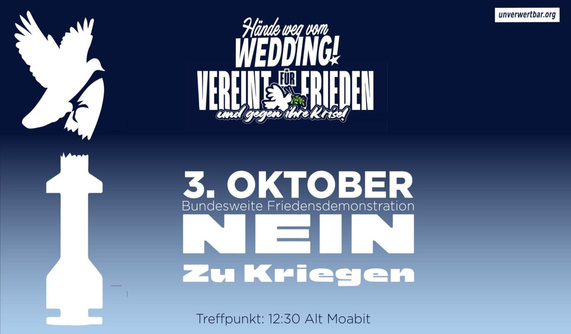 💥Announcement! Thursday 03.10.2024💥

🔥United for peace and against their crisis!🔥

Thursday, 03.10.2024 | 12:30 pm | Spenerstraße/Alt-Moabit 10551 Berlin

⚠️ You will find us at the banner ‘United for peace and against their crisis!’

Arrival: Bus 187, 245 Spenerstraße | M10 Alt-Moabit/Rathenower Straße | U9, Bus 101, 123, M27 U-Bhf Turmstraße

📣 Call: https://asanb.noblogs.org/?p=8773

#b0310 #StopTheWar

🗺 Expected route:

• Rathenower Straße/Alt-Moabit (AK)
• Rathenower Straße
• Turmstraße
• Stromstraße
• Lessingstraße
• Altonaer Straße
• Großer Stern (Siegessäule)