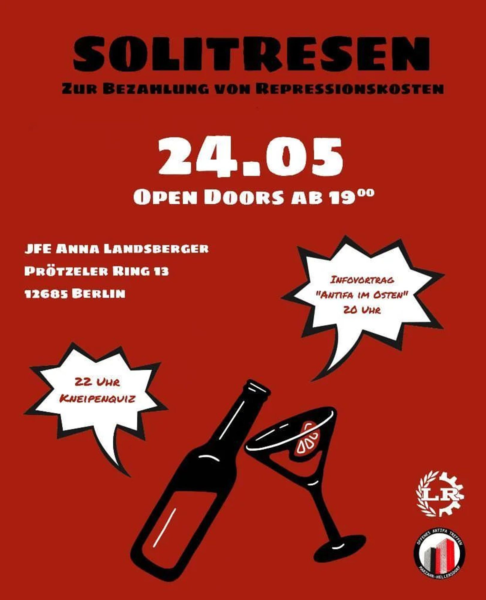 💥Ankündigung! Freitag 24.05.2024💥

🔥SOLITRESEN zur Bezahlung von Repressionskosten🔥

Freitag, 24.05.2024 | 19:00 Uhr | JFE Anna Landsberger, Prötzeler Ring 13, 12685 Berlin

Anreise: Tram M16 oder 18; Bus X96, 195 oder 197 Landsberger Allee/Blumberger Damm

📣 Aufruf:  https://asanb.noblogs.org/?p=7677 - @oatmahe

#b2405 #OATMaHe

La Rage & das Offene Antifa Treffen Marzahn-Hellersdorf laden ein zum
>>SOLITRESEN zur Bezahlung von Repressionskosten<<

Ab 20 Uhr gibt es einen Infovortrag zum Thema "Antifa im Osten: Neonazi-Aktivitäten und Gegenaktionen in Chemnitz".

Anschließend wollen wir den Abend mit einem Kneipenquiz abrunden, zusammenkommen, uns kennenlernen und austauschen.

Kommt vorbei!
Wir freuen uns auf euch!