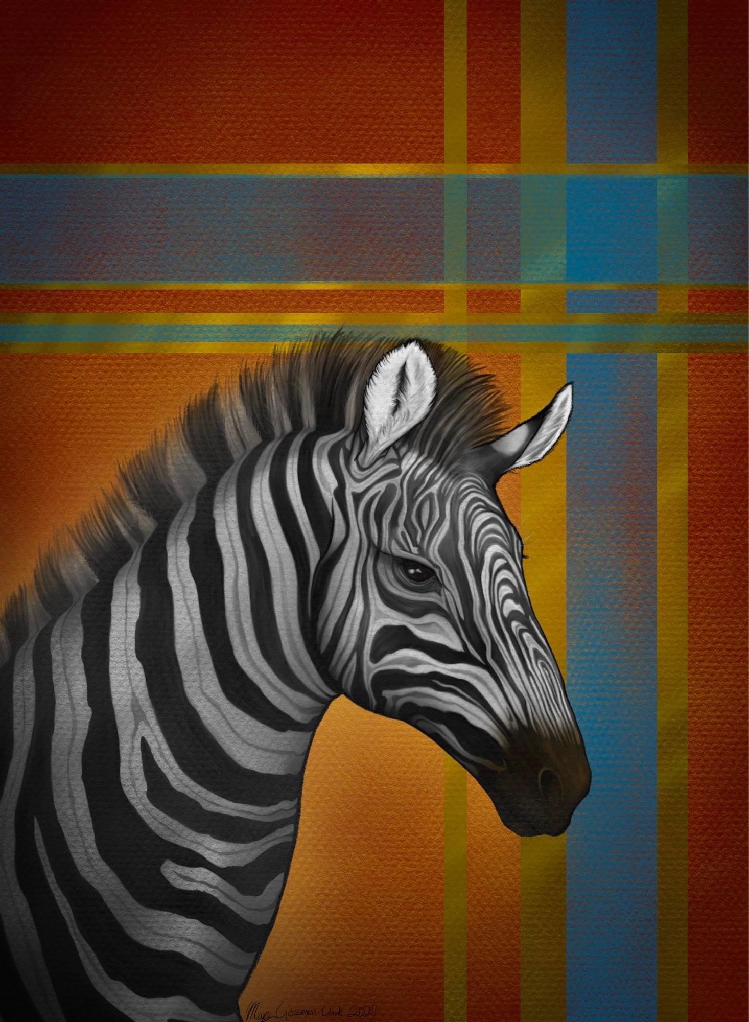 A side profile of a black and white zebra on a background of reds, orange and yellows with vertical band of light blue and 3 bands of gold and 2 horizontal bands of light blue and 4 bands of gold