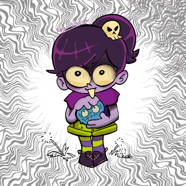 a drawing of a creepy little girl with sunken eyes, named Misery. She is wearing a dark purple poncho with bright slime green shorts, and striped socks to match.  Misery has purple skin and a skull holding up her ponytail. She's holding a head of a zombie who looks nervous about being in her clutches! Misery herself is very happy, lmao