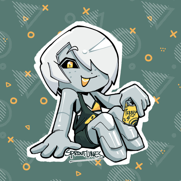 The Robostruggler is a sleek silver and white robot girl with yellow eyes, wearing a slouchy black or dark green tanktop with matching shorts. You can see a yellow and white bikini top peeking through. She's sitting back and relaxing with a can of pebby! awright. 