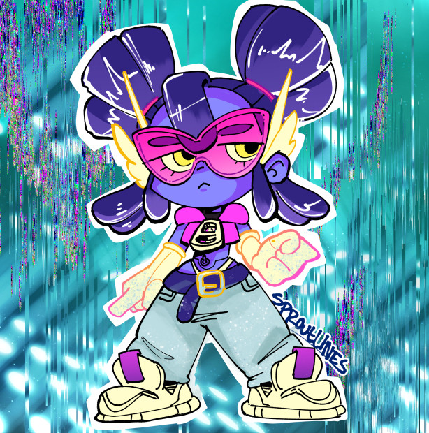 Bunhearts character CMYK, a brightly colored android in a hoodie crop top and baggy pants. She wears a pair of bright magenta glasses that make her yellow eyes fluoresce, and contrasts with the rest of her purple and blue colors.  