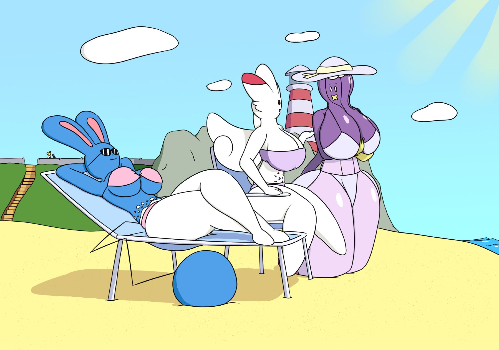 An anthro Azumarill, Togekiss, and Drifblim sitting on the beachside