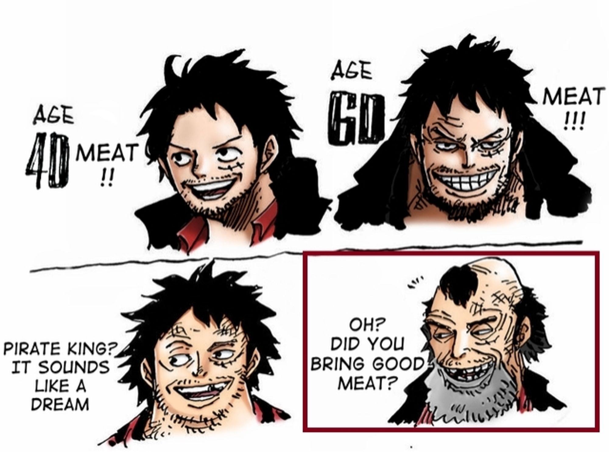 Oda drawing what a 40 and 60 year old Luffy would look like in a "good" and "bad" future. Fan colored sbs entry