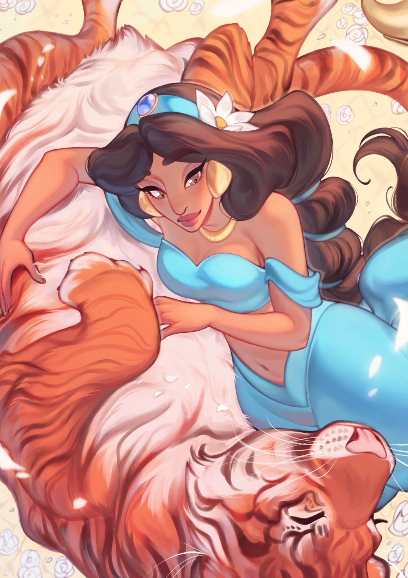 Princess Jasmine (from Aladdin) giving belly rubs to her tiger, Rajah. #art #disney #fanart