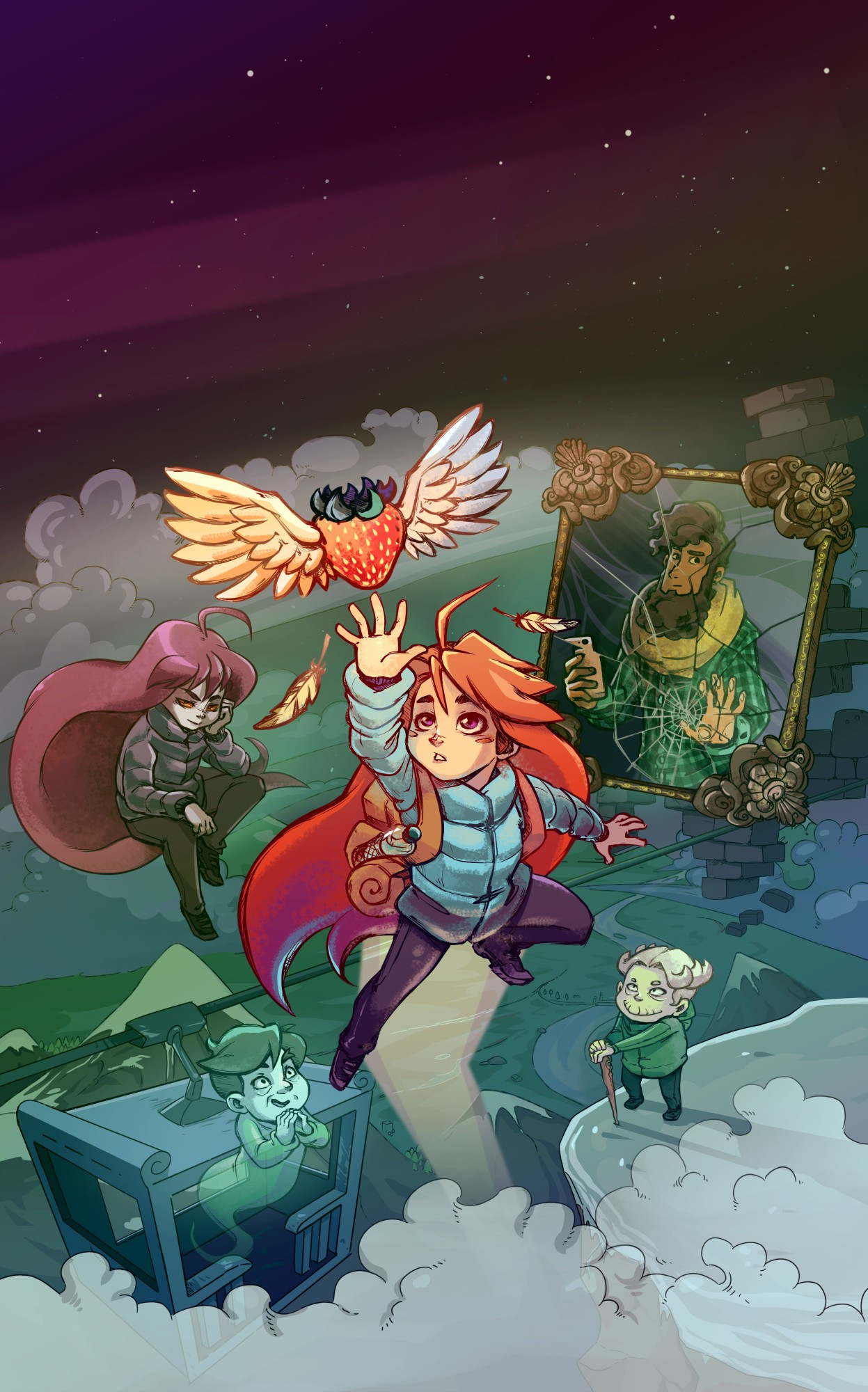 Main cover art from the game Celeste: Main character Madeline is reaching for a flying strawberry, her long red hair flowing in the air. Around her, we can see other characters from the story.