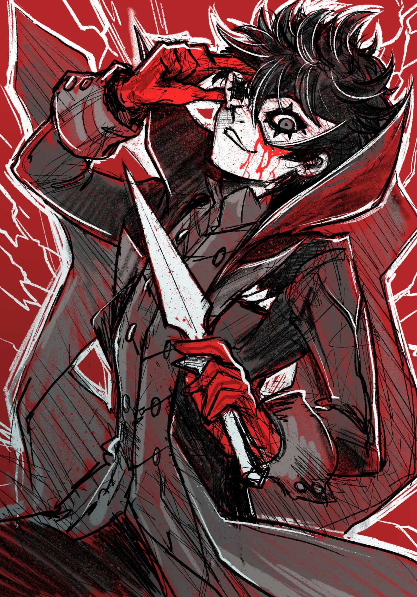 The Joker from Persona 5. He has a mischievous smile, and his eye is bleeding. He has red gloves, holding a mask over his face with one hand, and a knife with the other.