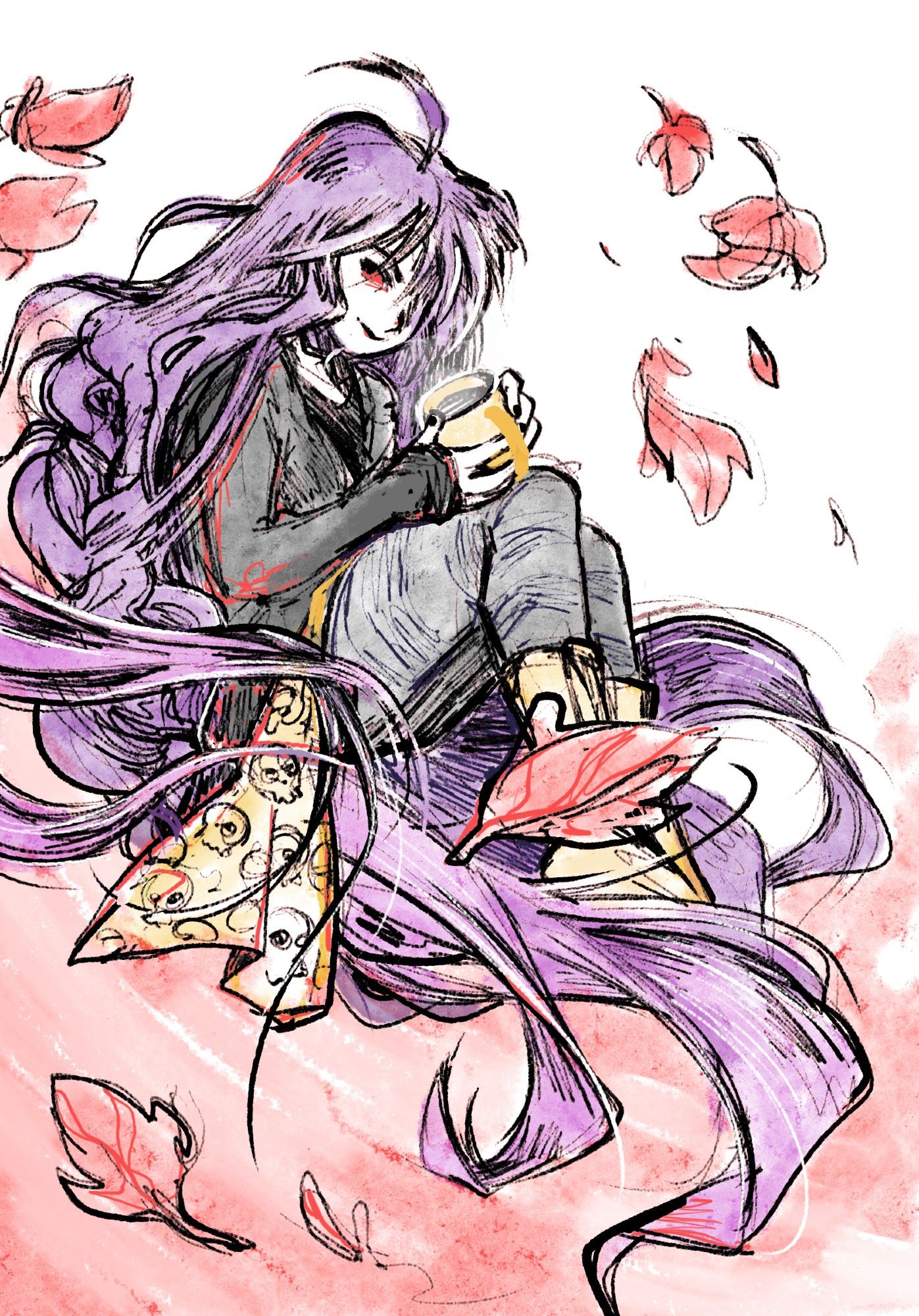 The character Badeline, from the game Celeste, levitating amidst red autumn leaves. She has long, purple hair floating around her, and is holding a yellow cup of coffee.