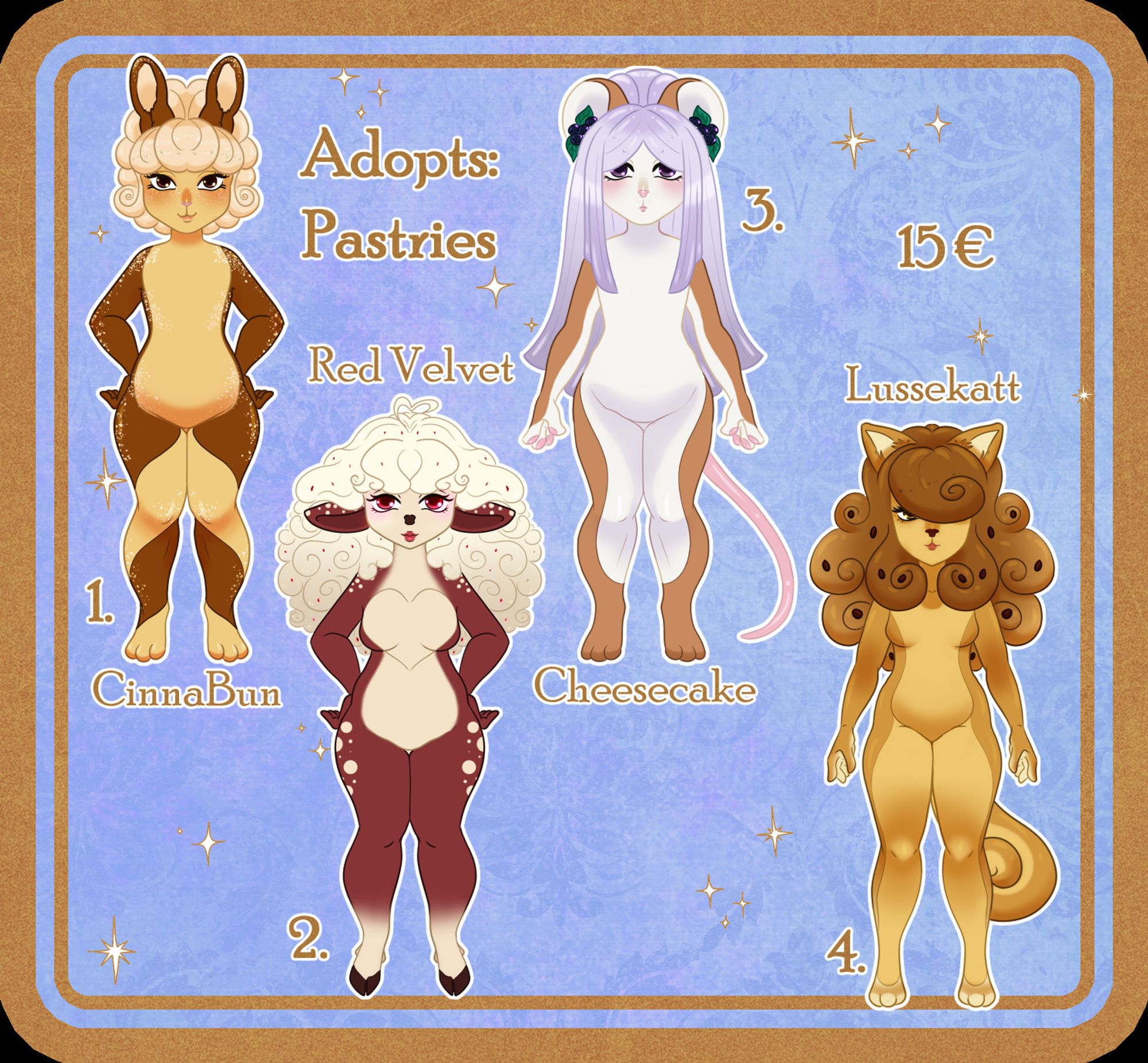 Four anthro animals who's designs are inspired by pastries such as cinnamon buns, red velvet cake, blueberry cheesecake and lussekatter (Swedish saffron buns).