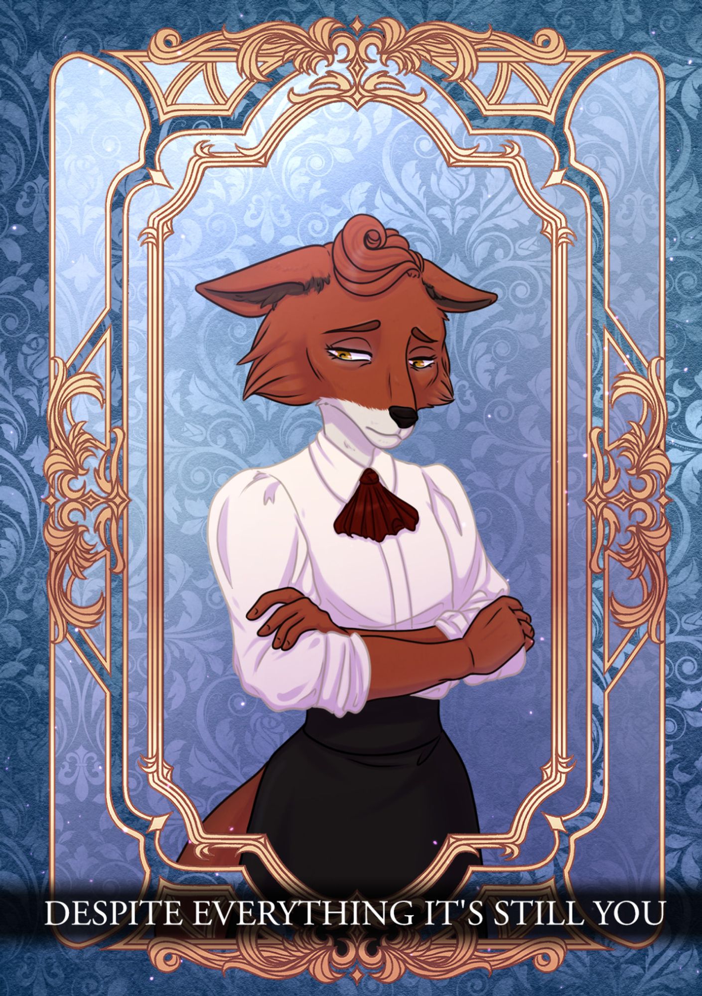 Picture of an anthro fox in front of a mirror with a text that says "Despite everything it's still you".