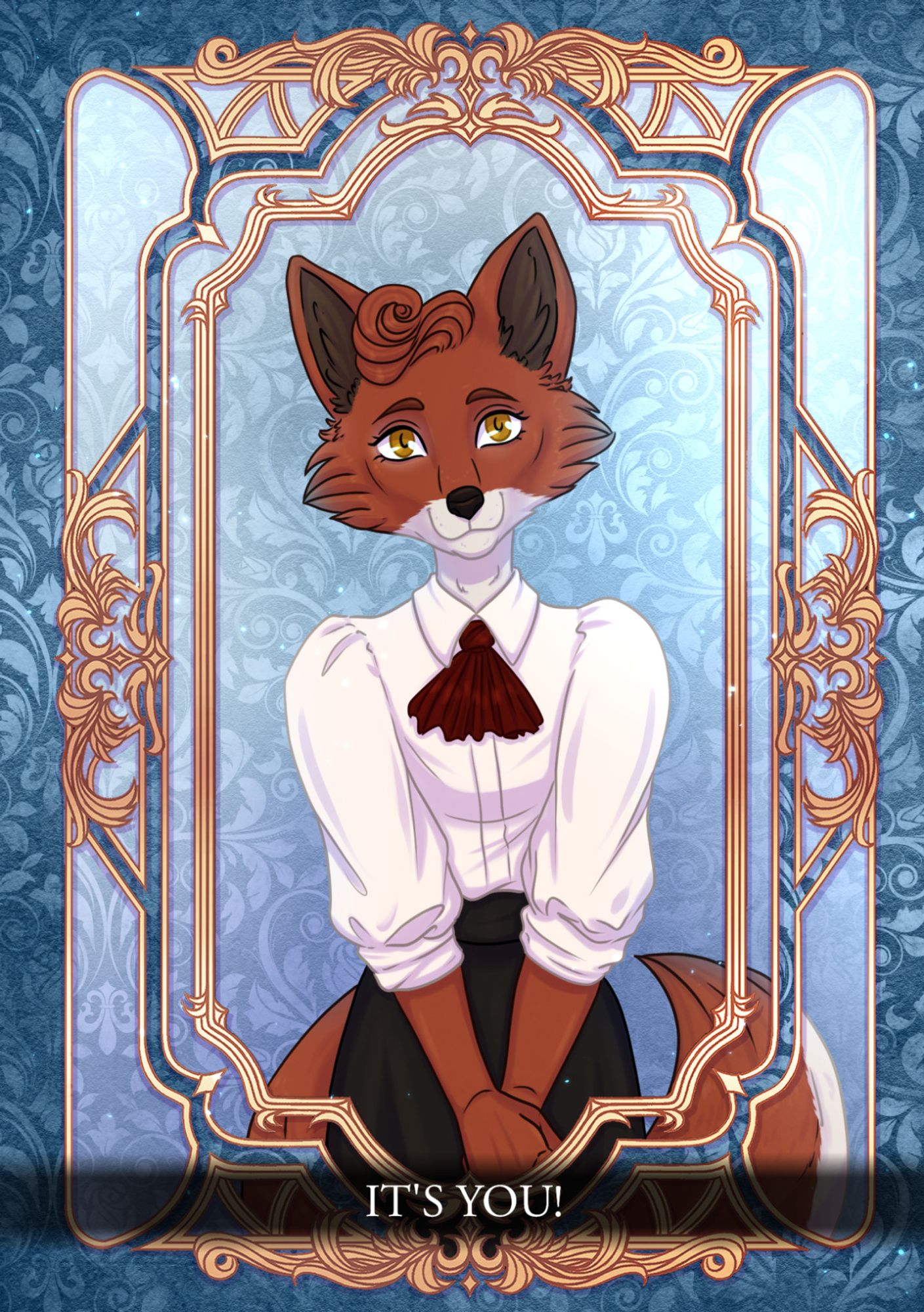 A picture of a smiling anthro fox in front of a mirror with text saying "It's you!".