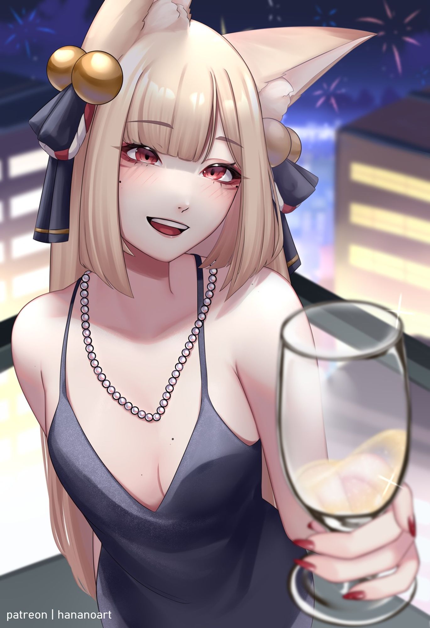 Hanano holding a glass of champagne towards the camera. It's a new year eve setting with fireworks and a city in the back. She's a blonde foxgirl.